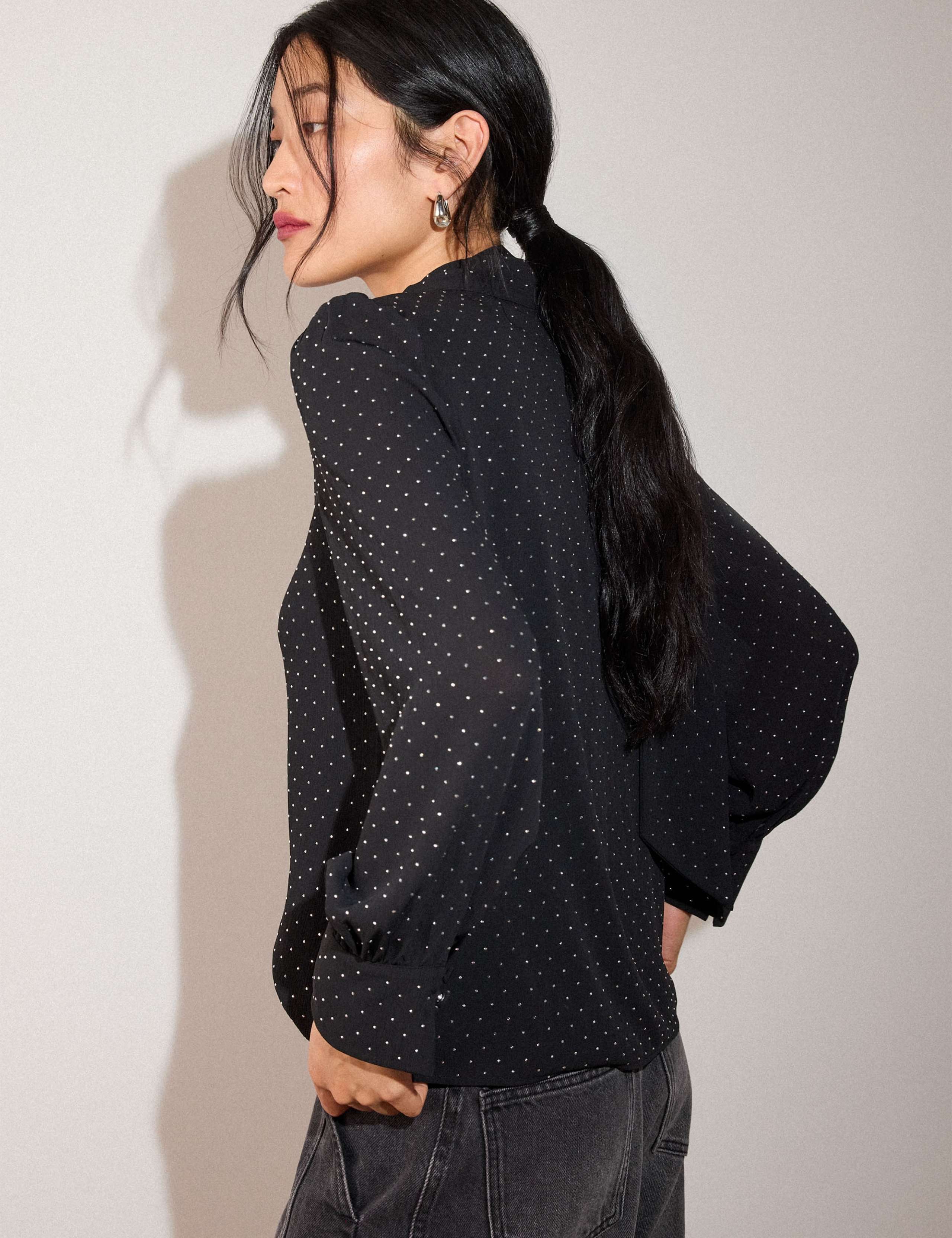 Embellished V Neck Scarf Detail Blouse 6 of 6