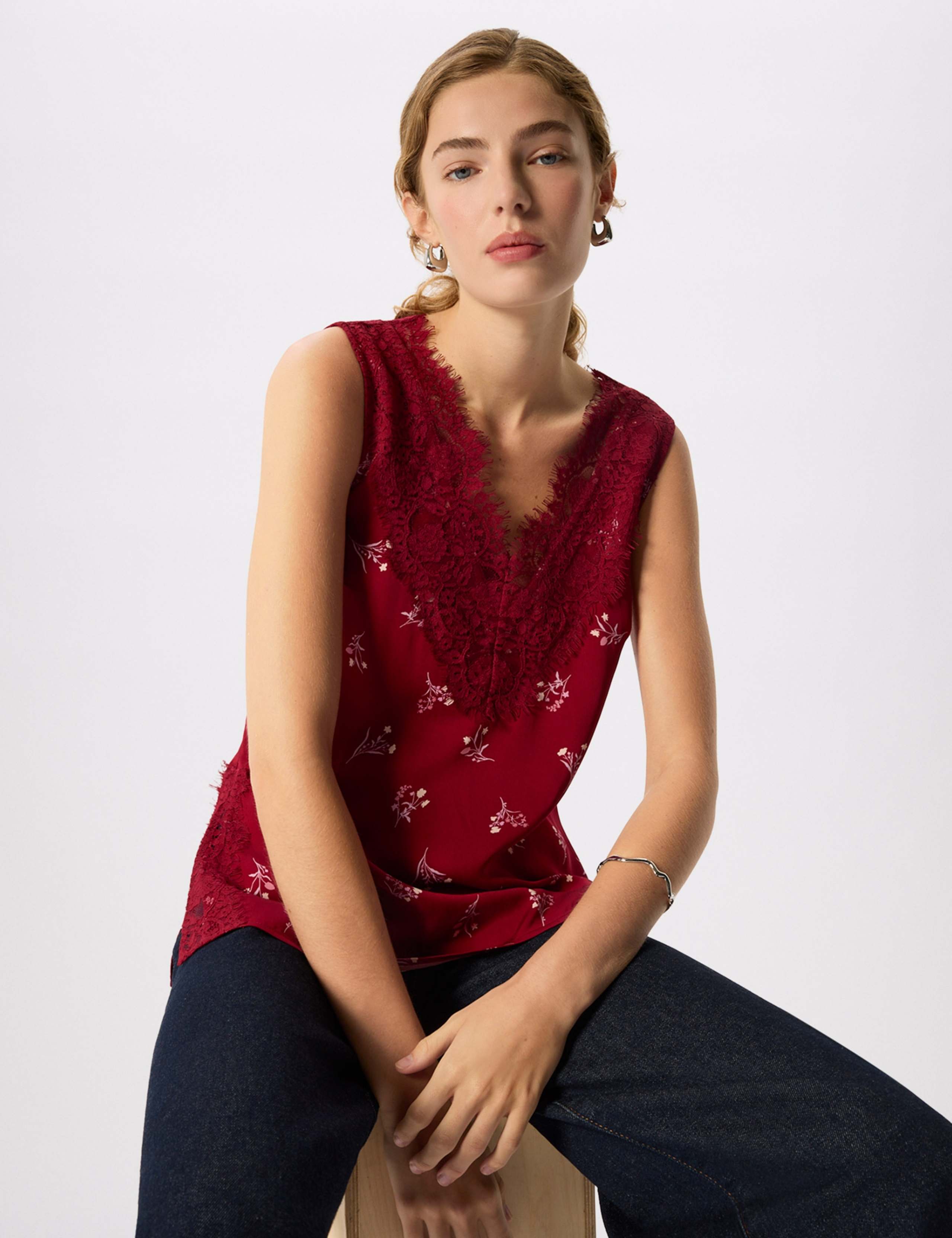 Floral V-Neck Lace Trim Top 1 of 7