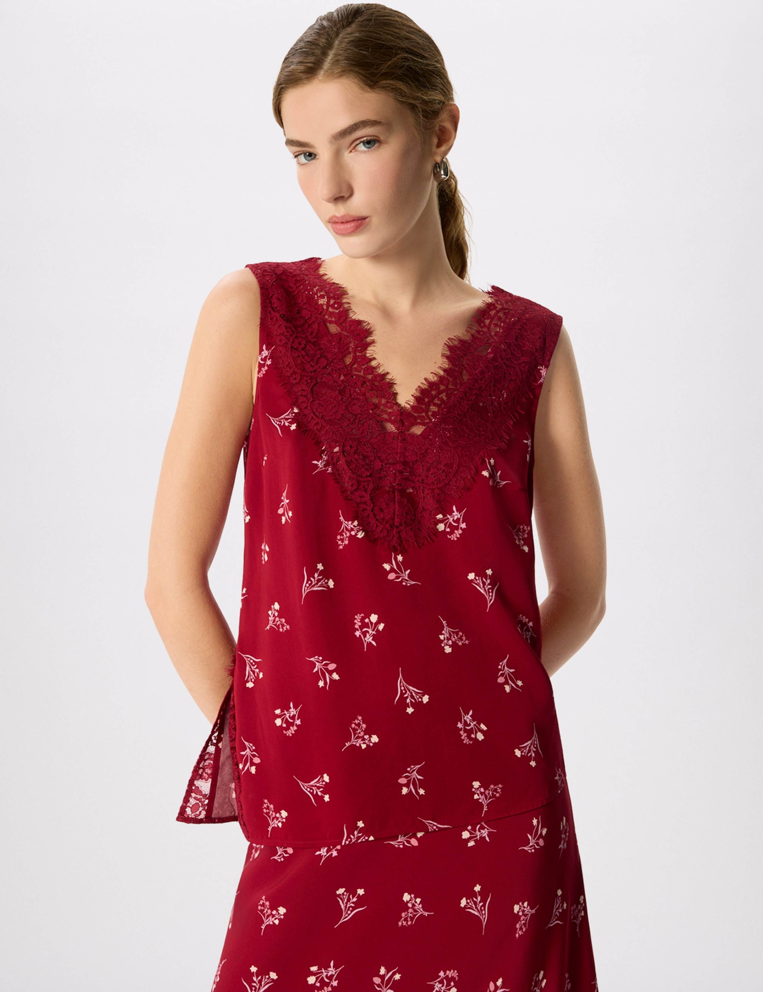 Floral V-Neck Lace Trim Top 3 of 7