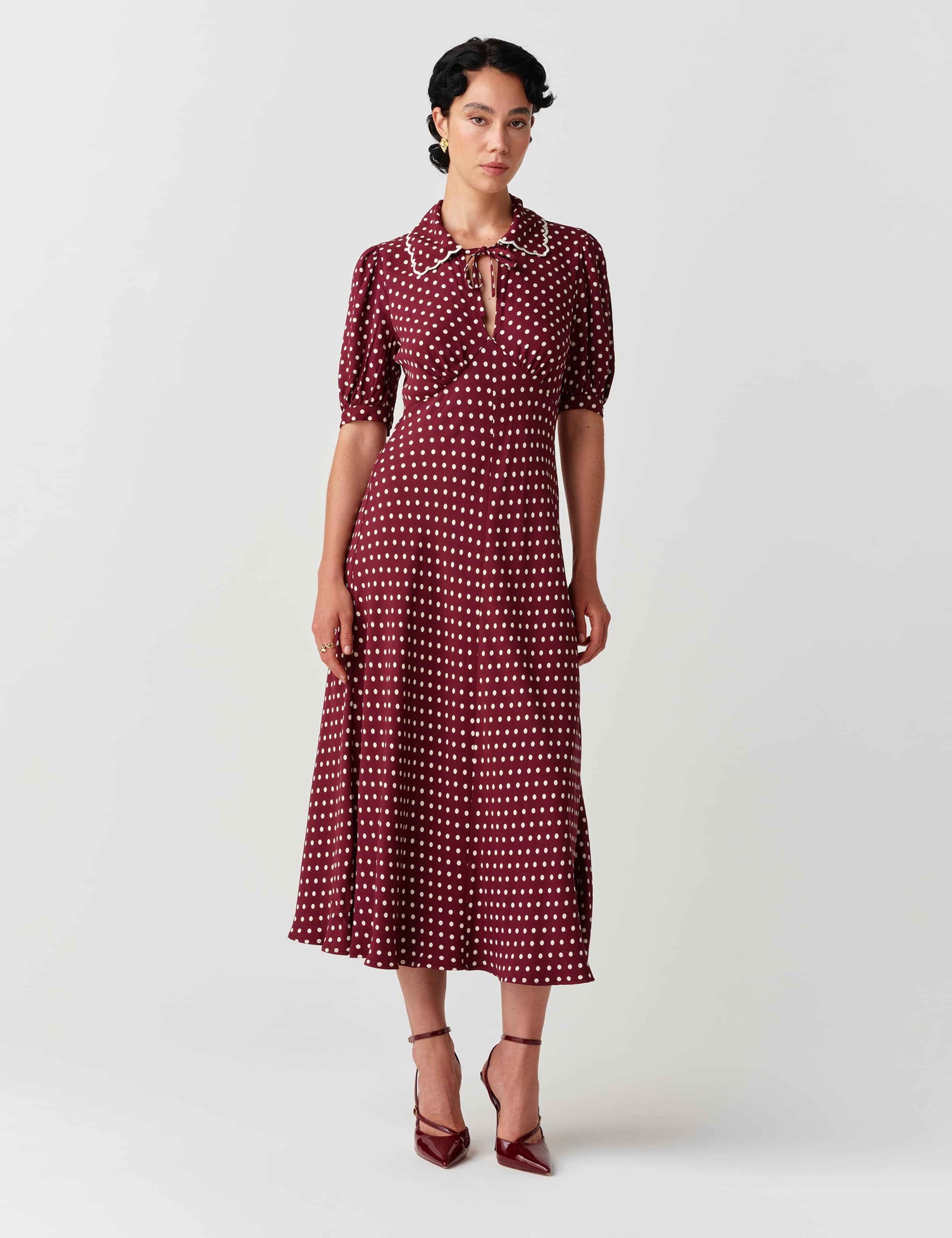 Satin Polka Dot Tie Neck Keyhole Midi Tea Dress 1 of 11