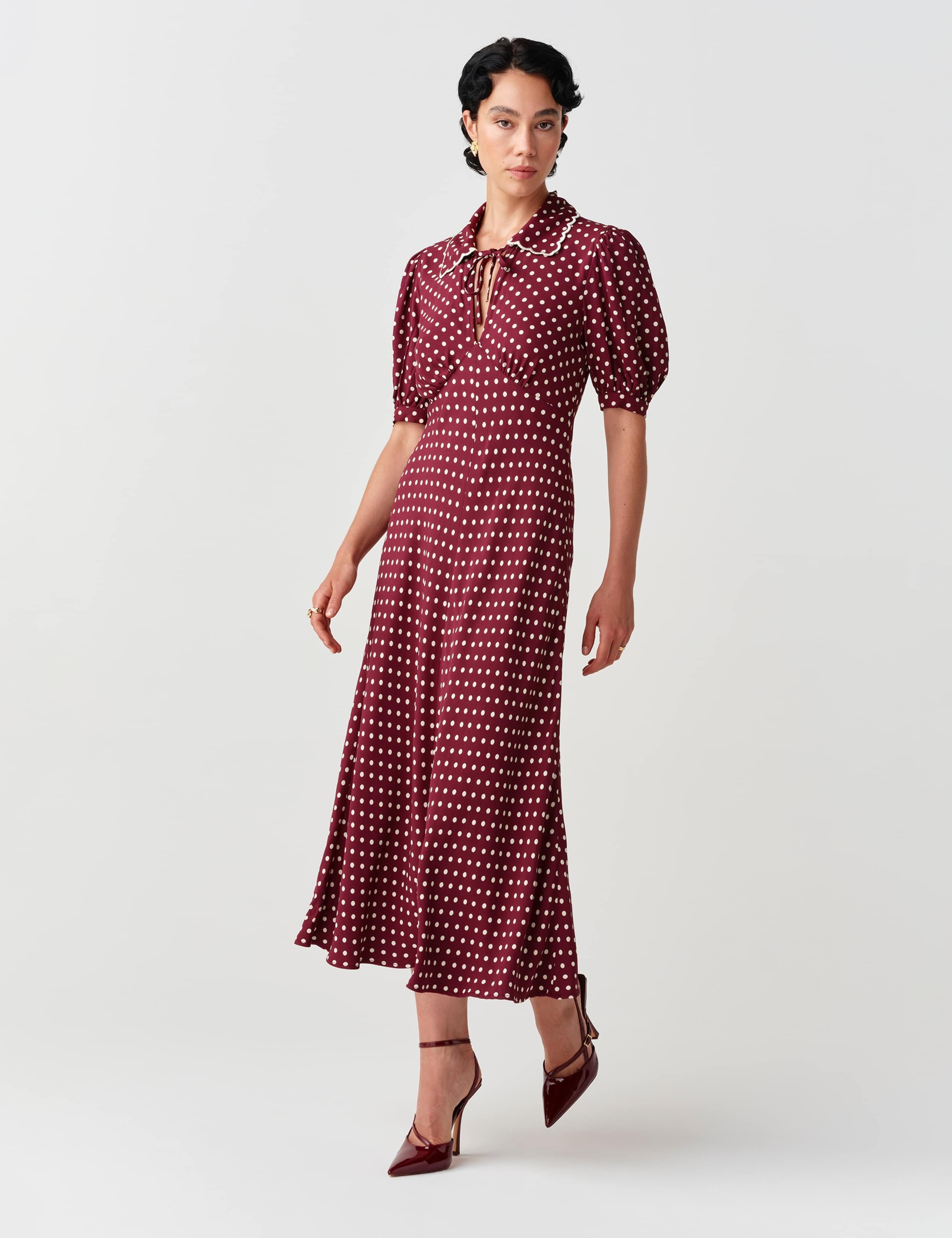 Satin Polka Dot Tie Neck Keyhole Midi Tea Dress 2 of 11