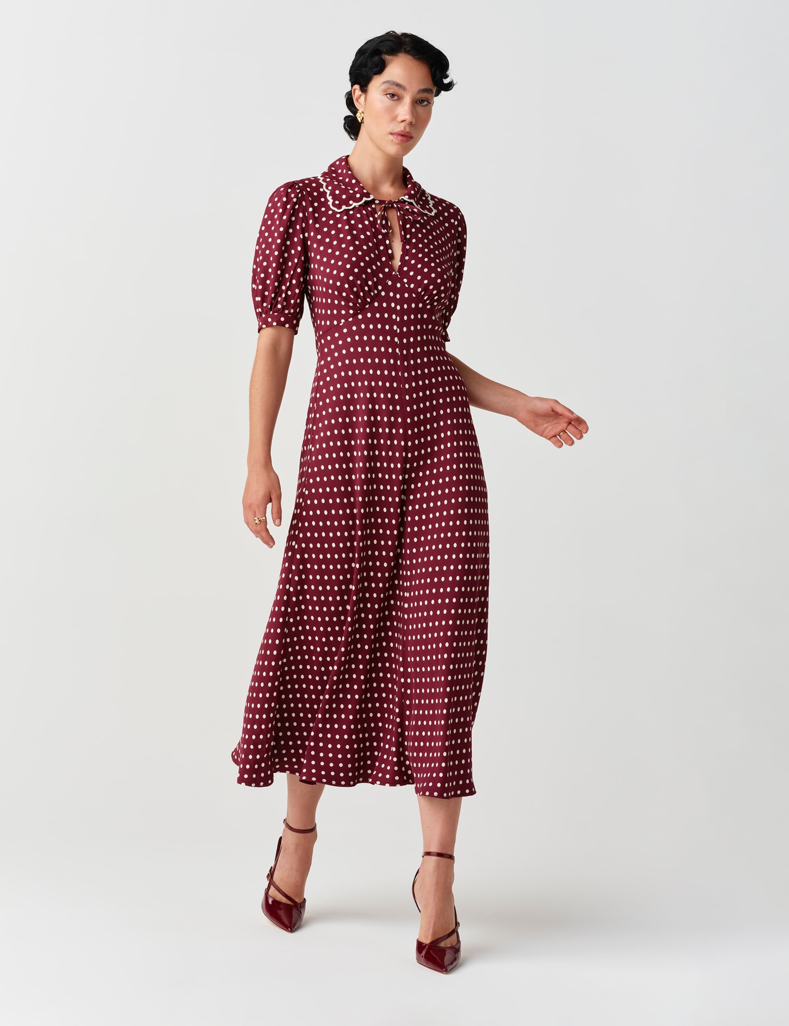 Satin Polka Dot Tie Neck Keyhole Midi Tea Dress 11 of 11