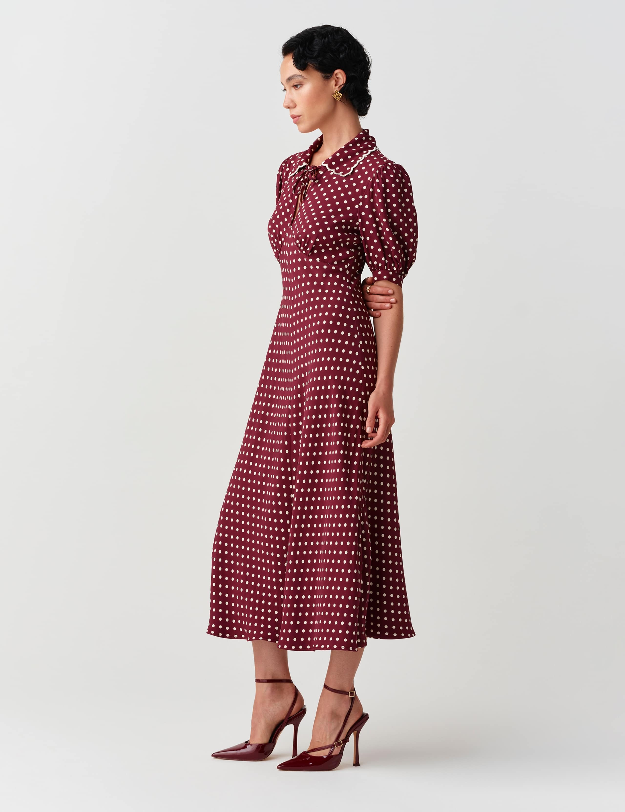 Satin Polka Dot Tie Neck Keyhole Midi Tea Dress 3 of 11