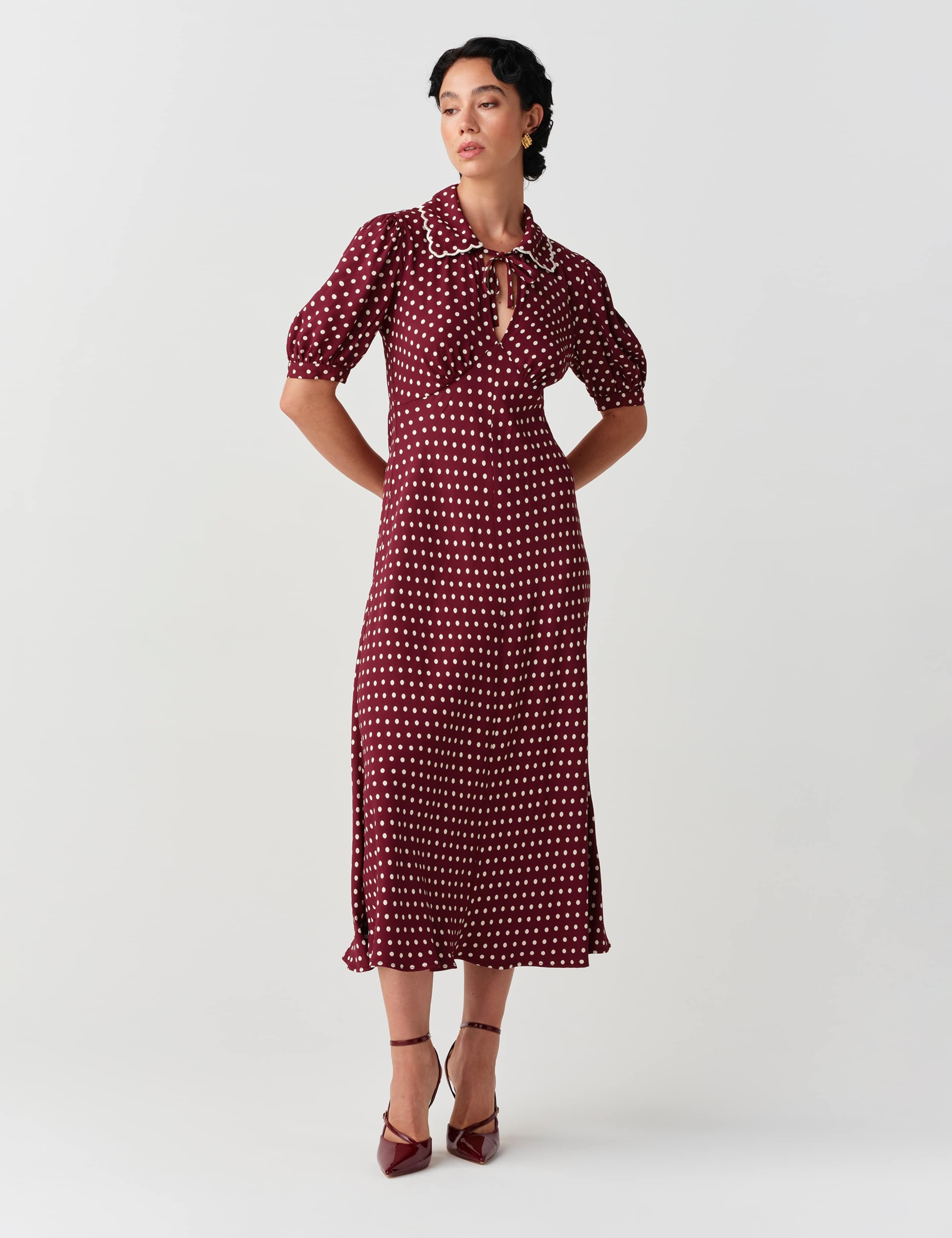 Satin Polka Dot Tie Neck Keyhole Midi Tea Dress 4 of 11