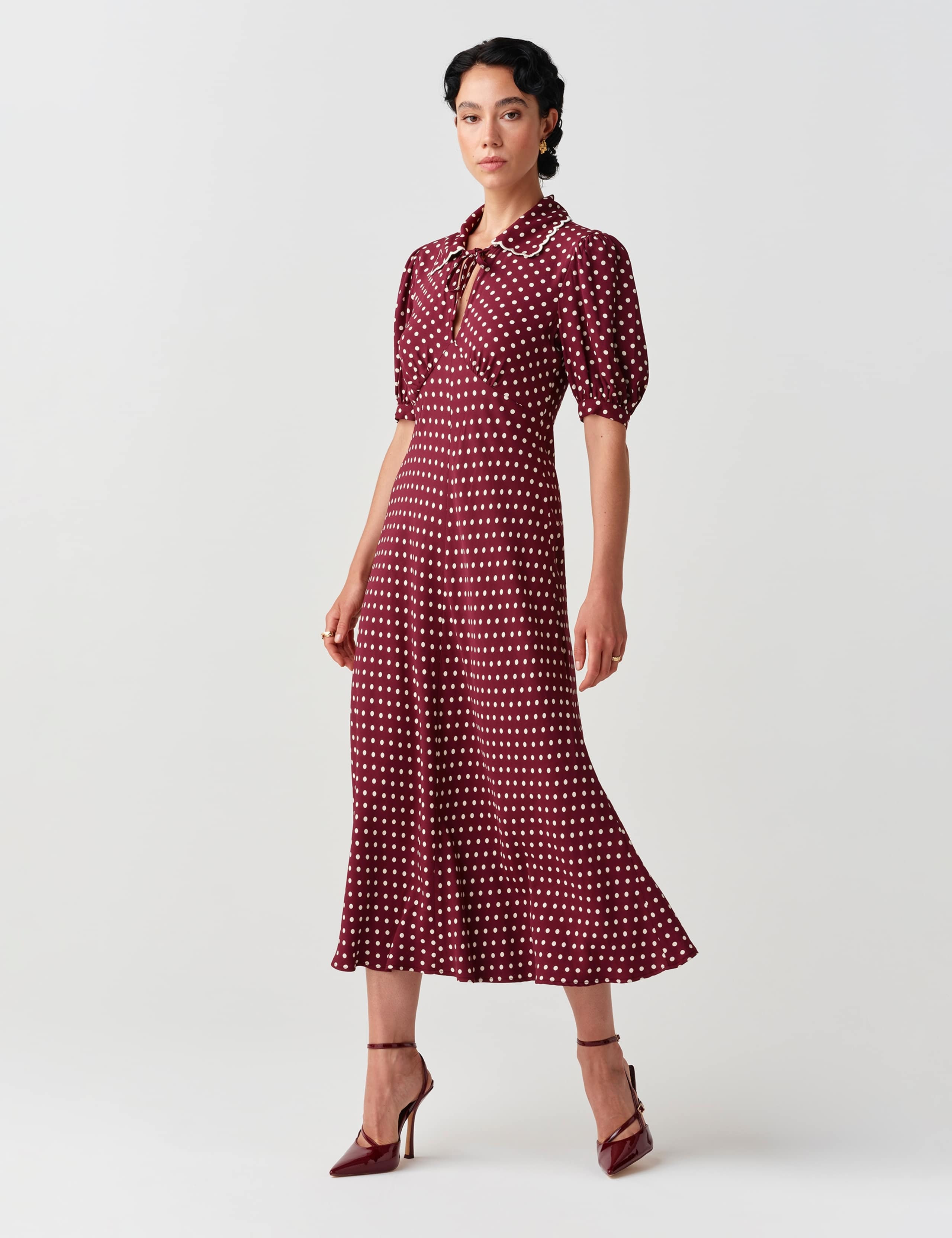 Satin Polka Dot Tie Neck Keyhole Midi Tea Dress 6 of 11