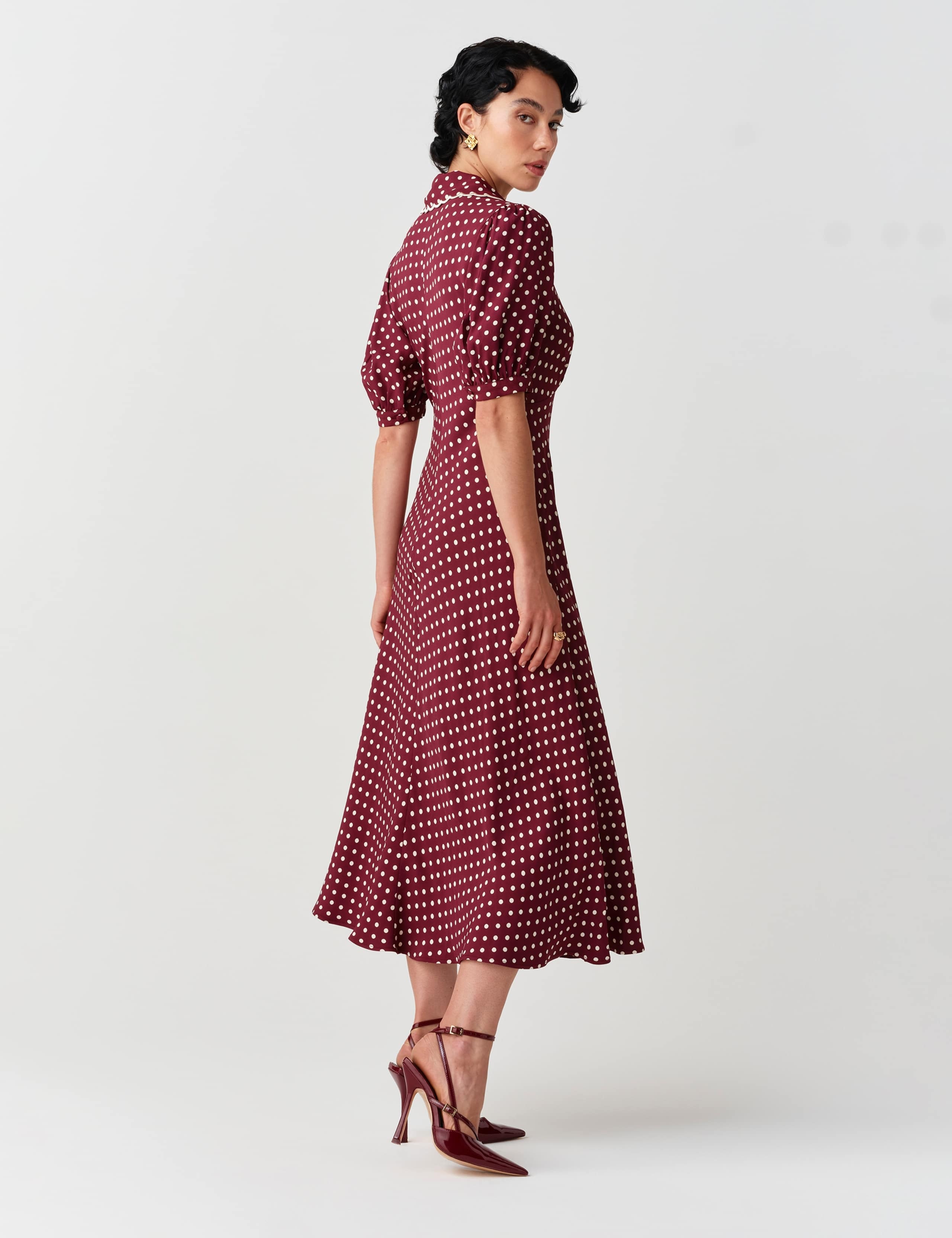 Satin Polka Dot Tie Neck Keyhole Midi Tea Dress 7 of 11