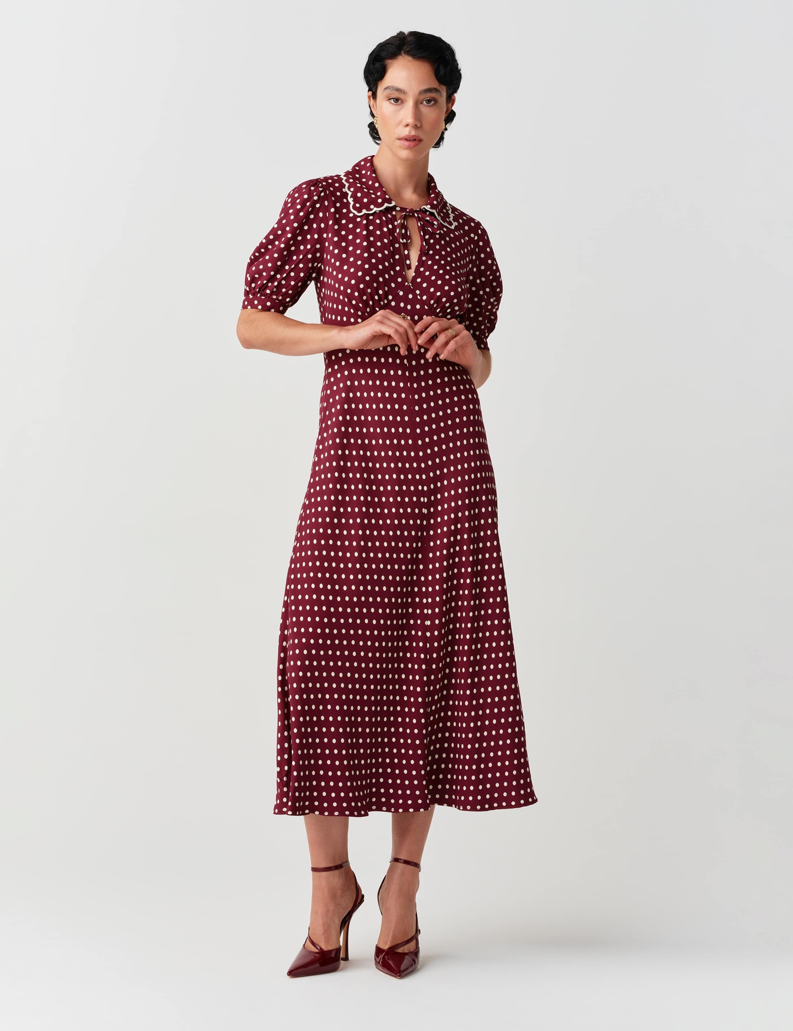 Satin Polka Dot Tie Neck Keyhole Midi Tea Dress 8 of 11