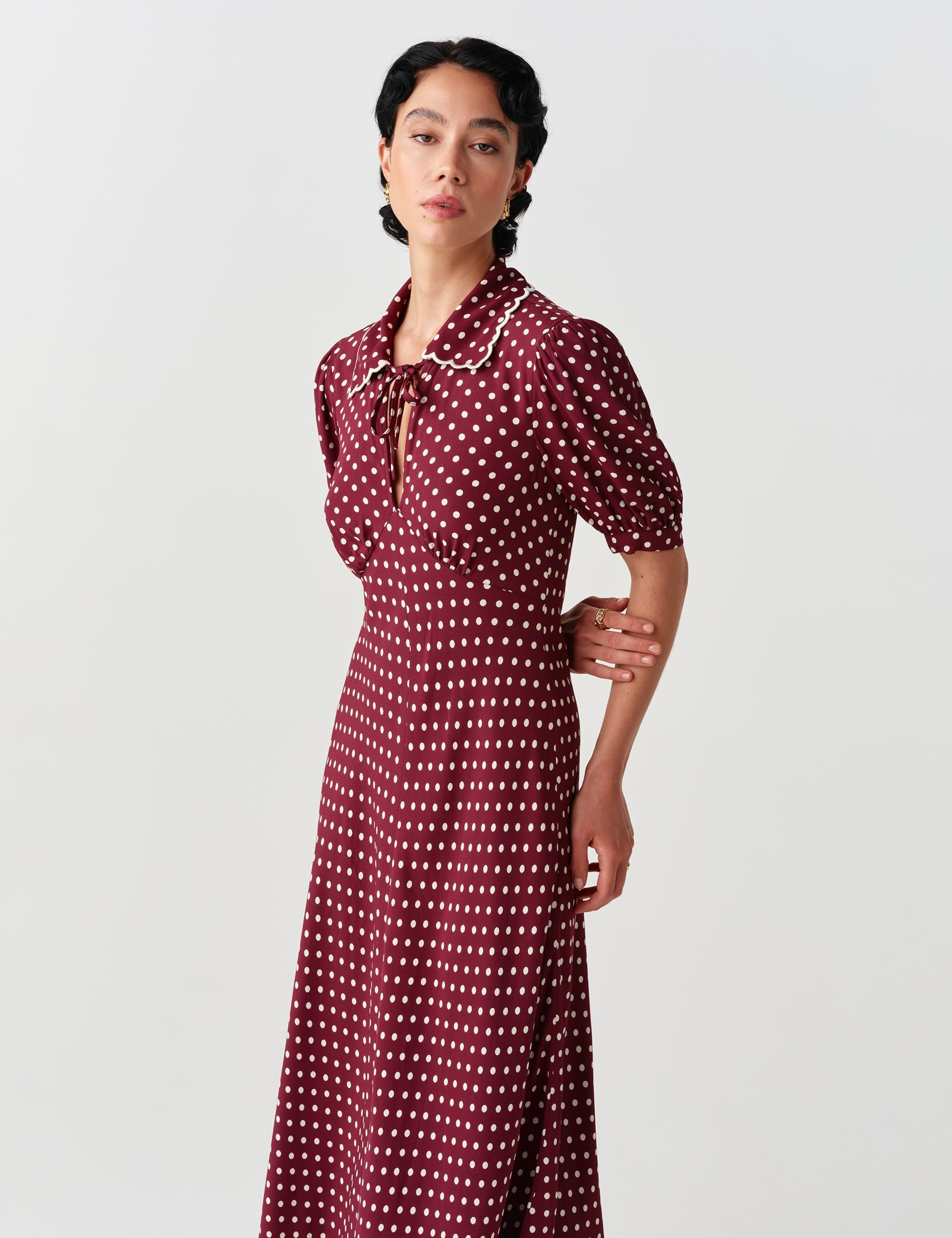 Satin Polka Dot Tie Neck Keyhole Midi Tea Dress 9 of 11