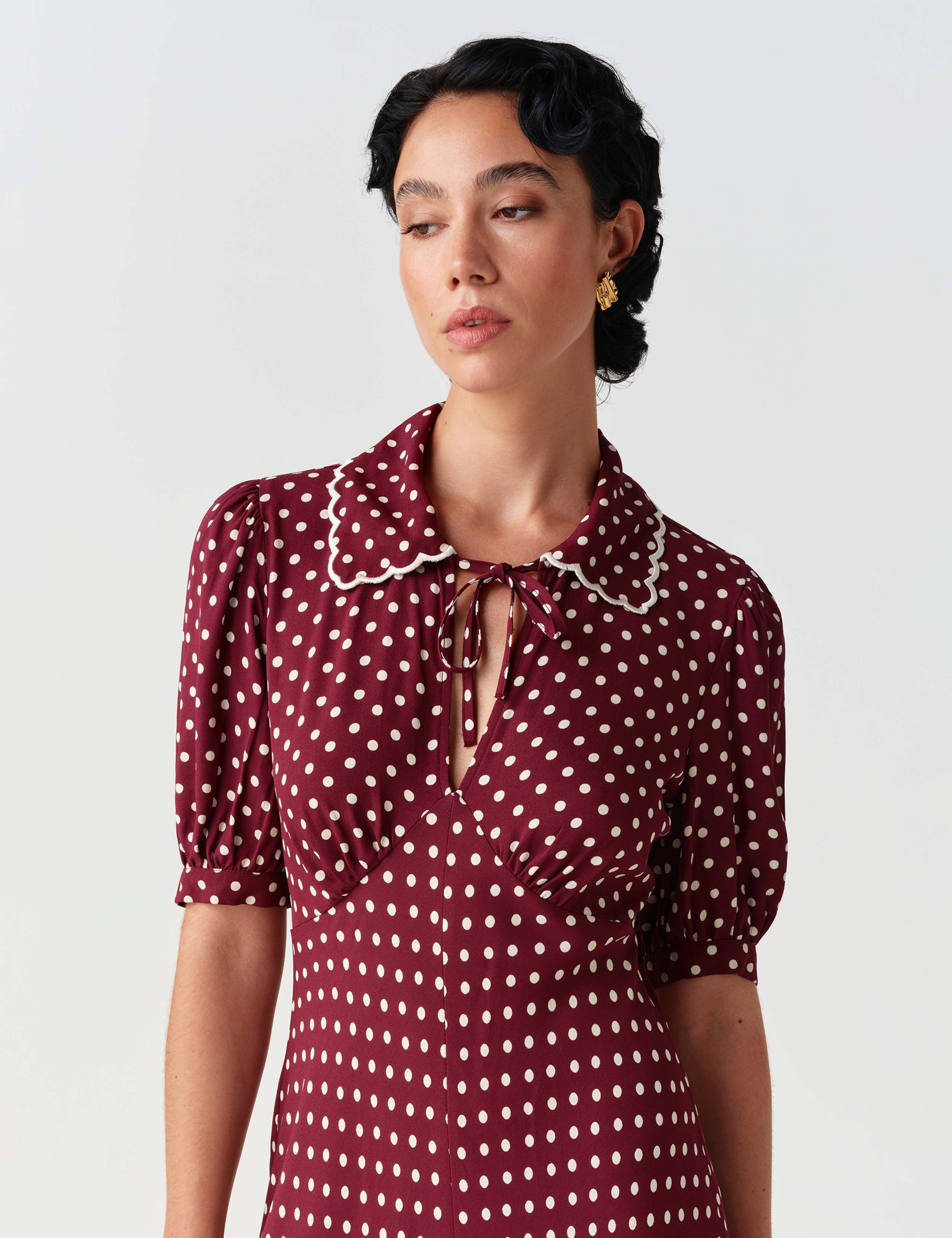 Satin Polka Dot Tie Neck Keyhole Midi Tea Dress 10 of 11