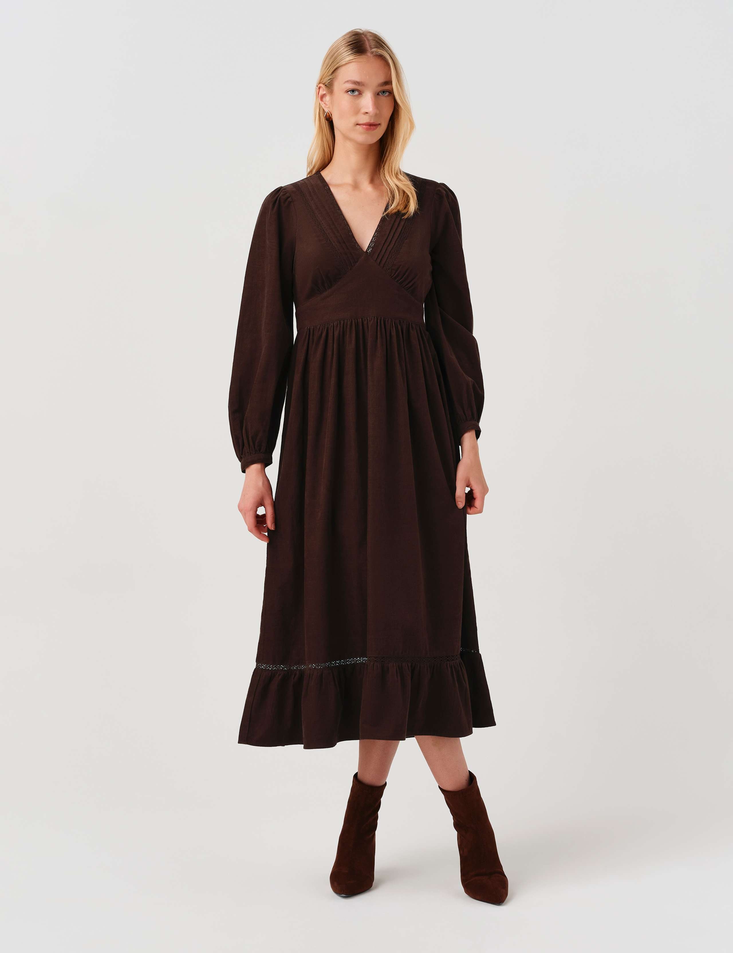 Cotton Corduroy V Neck Midi Dress 1 of 9