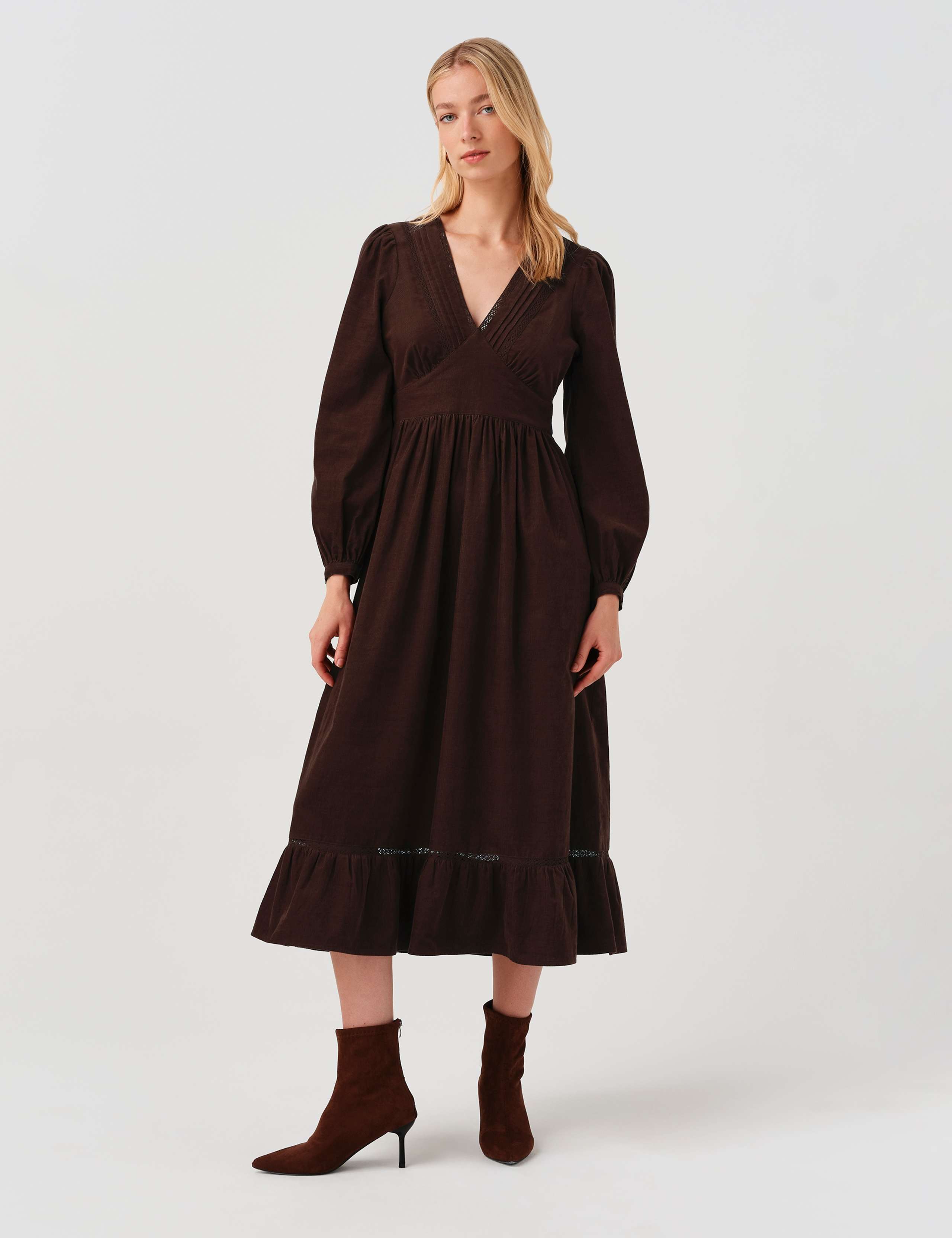 Cotton Corduroy V Neck Midi Dress 2 of 9