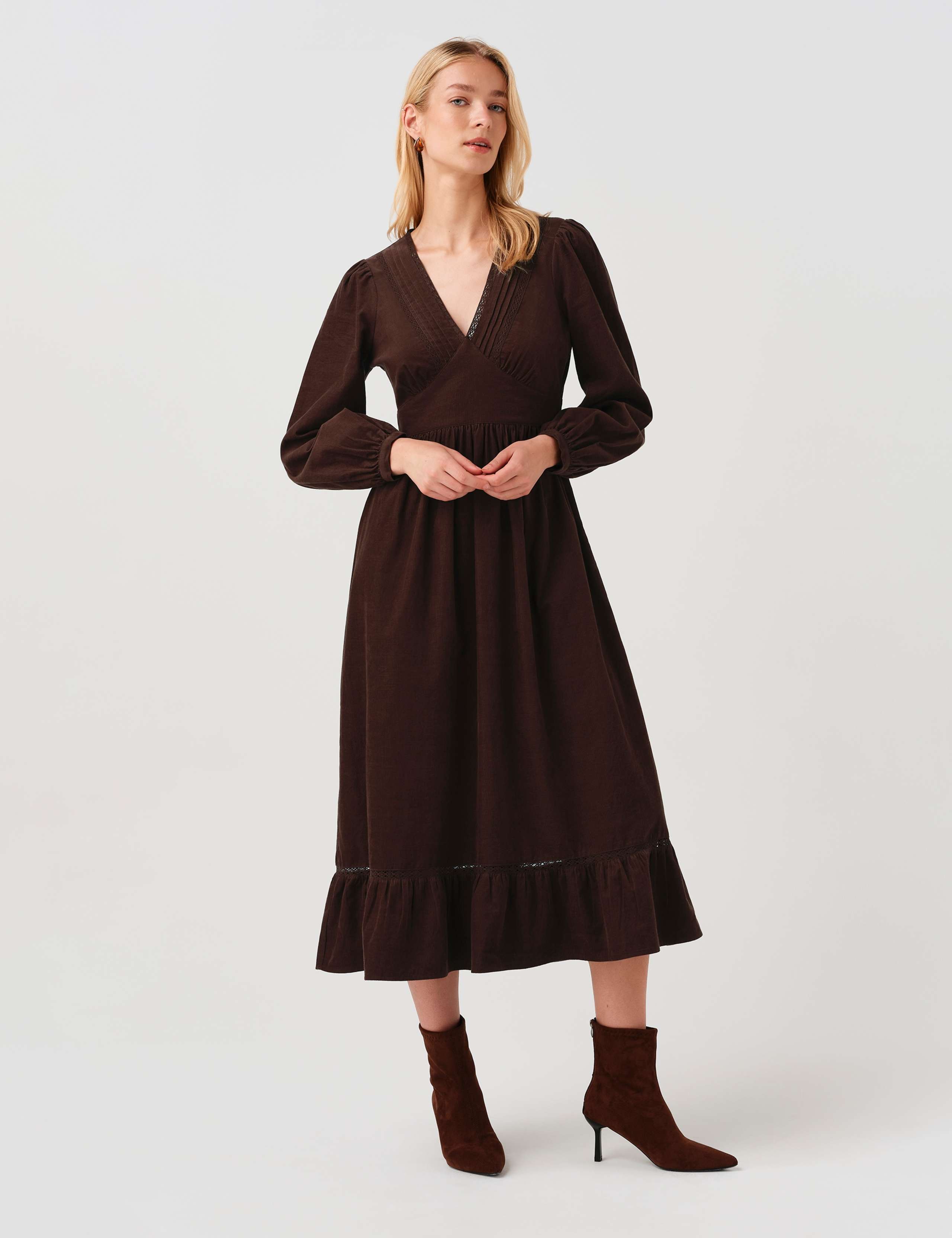 Cotton Corduroy V Neck Midi Dress 3 of 9