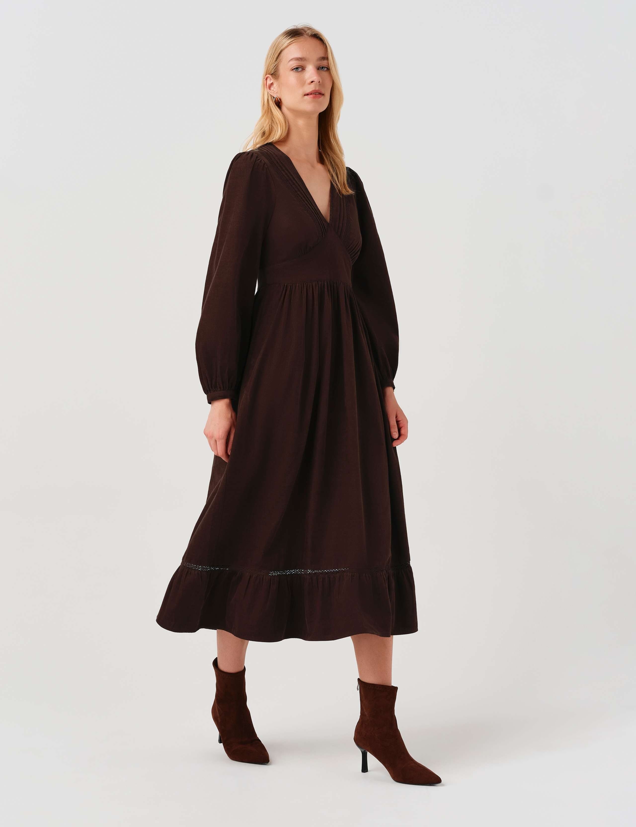 Cotton Corduroy V Neck Midi Dress 5 of 9