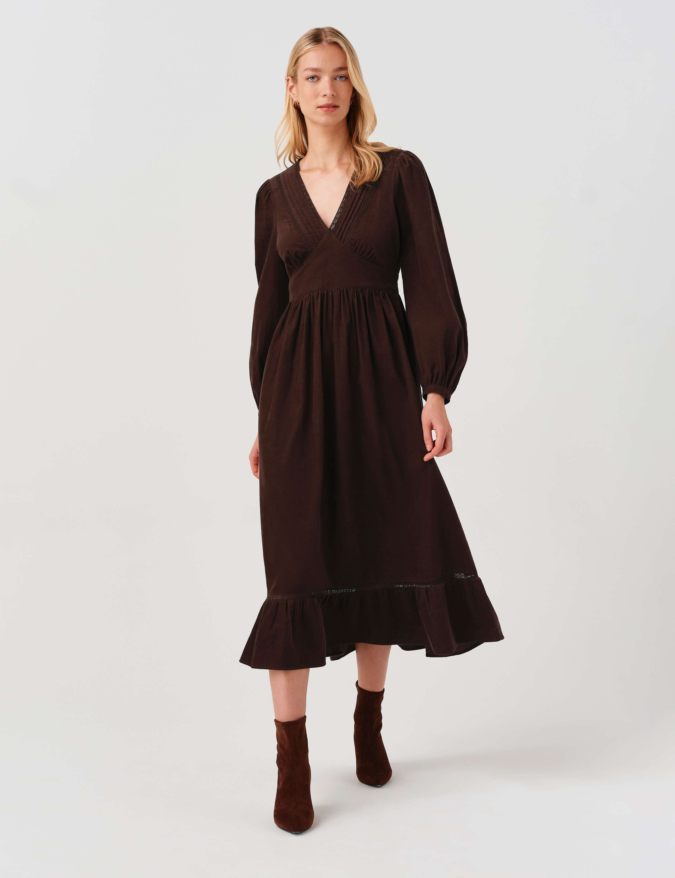 Cotton Corduroy V Neck Midi Dress 6 of 9