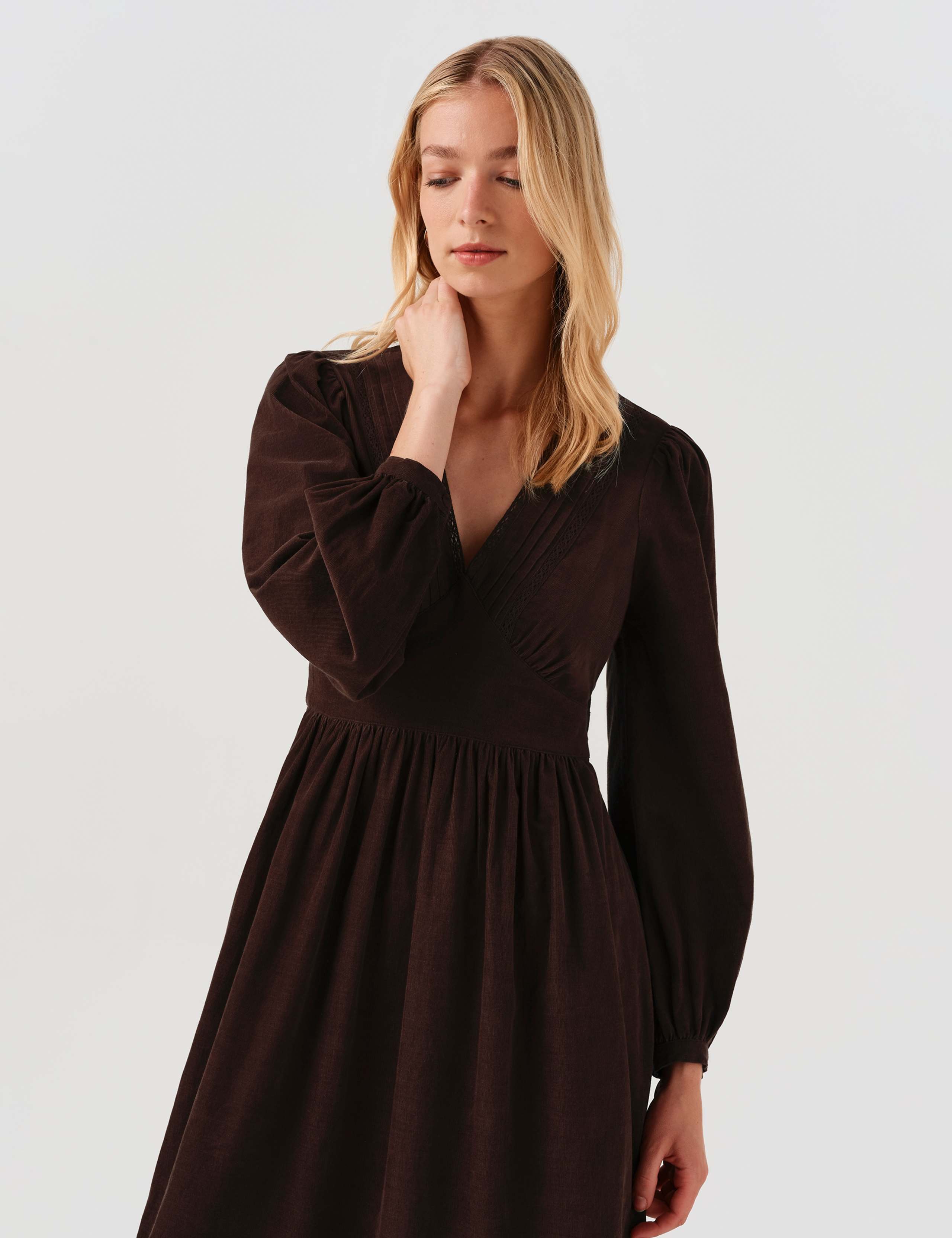 Cotton Corduroy V Neck Midi Dress 7 of 9