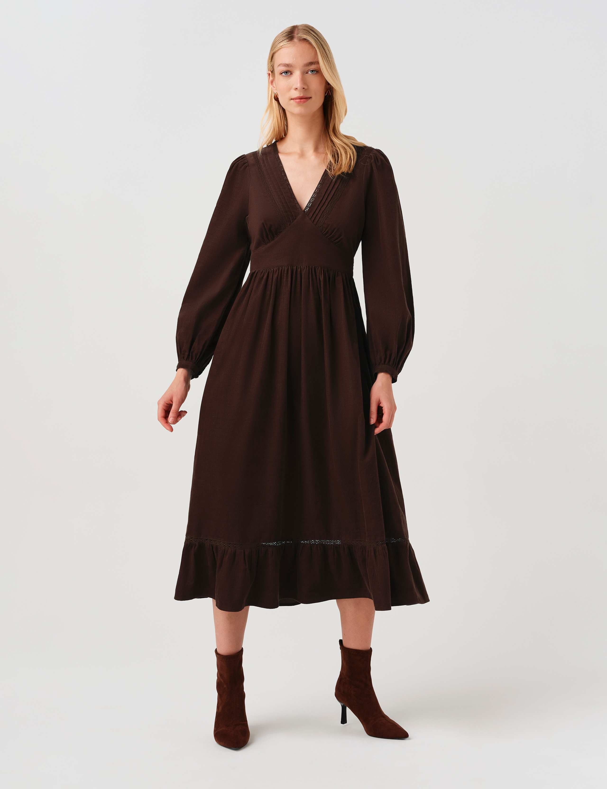 Cotton Corduroy V Neck Midi Dress 8 of 9