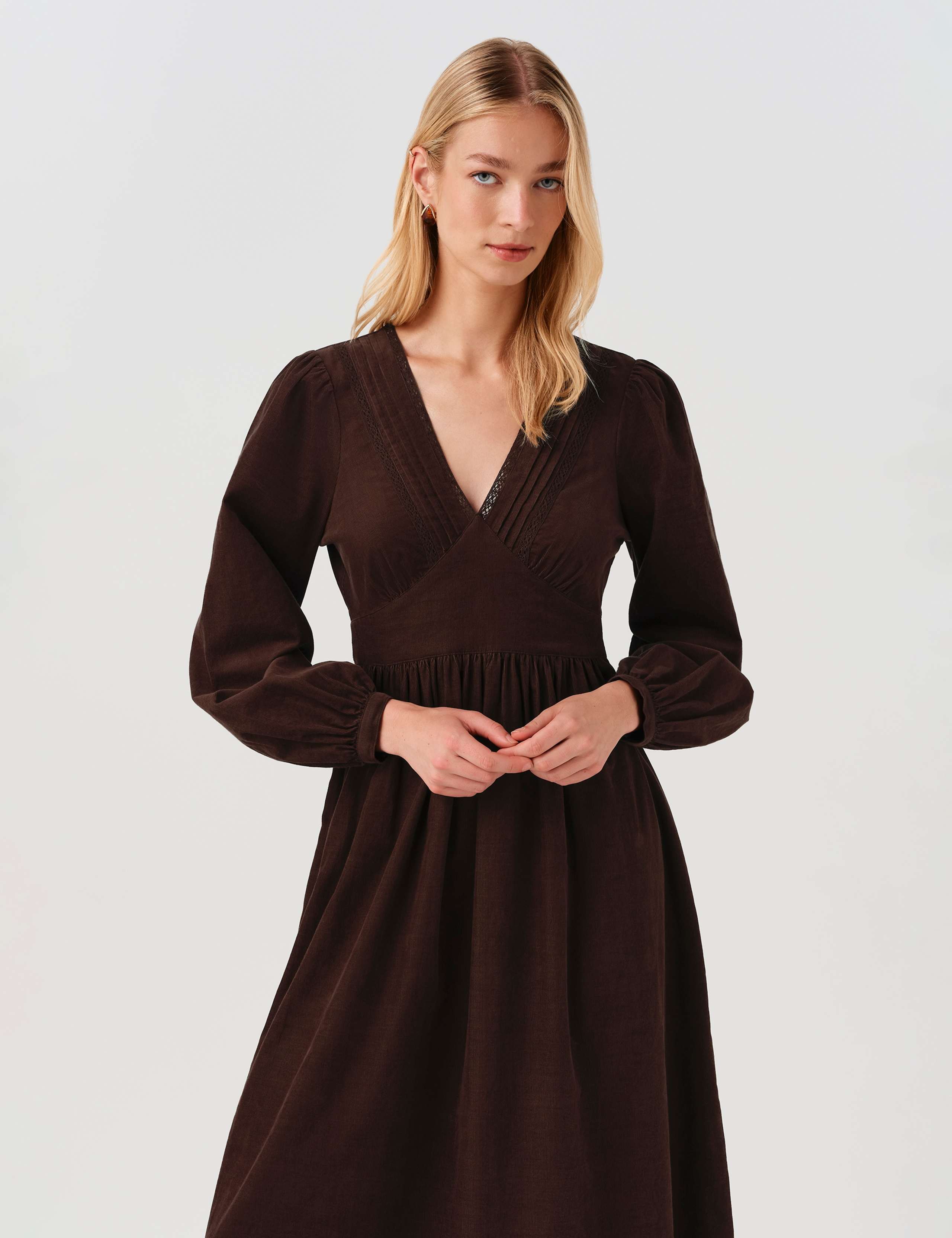 Cotton Corduroy V Neck Midi Dress 9 of 9