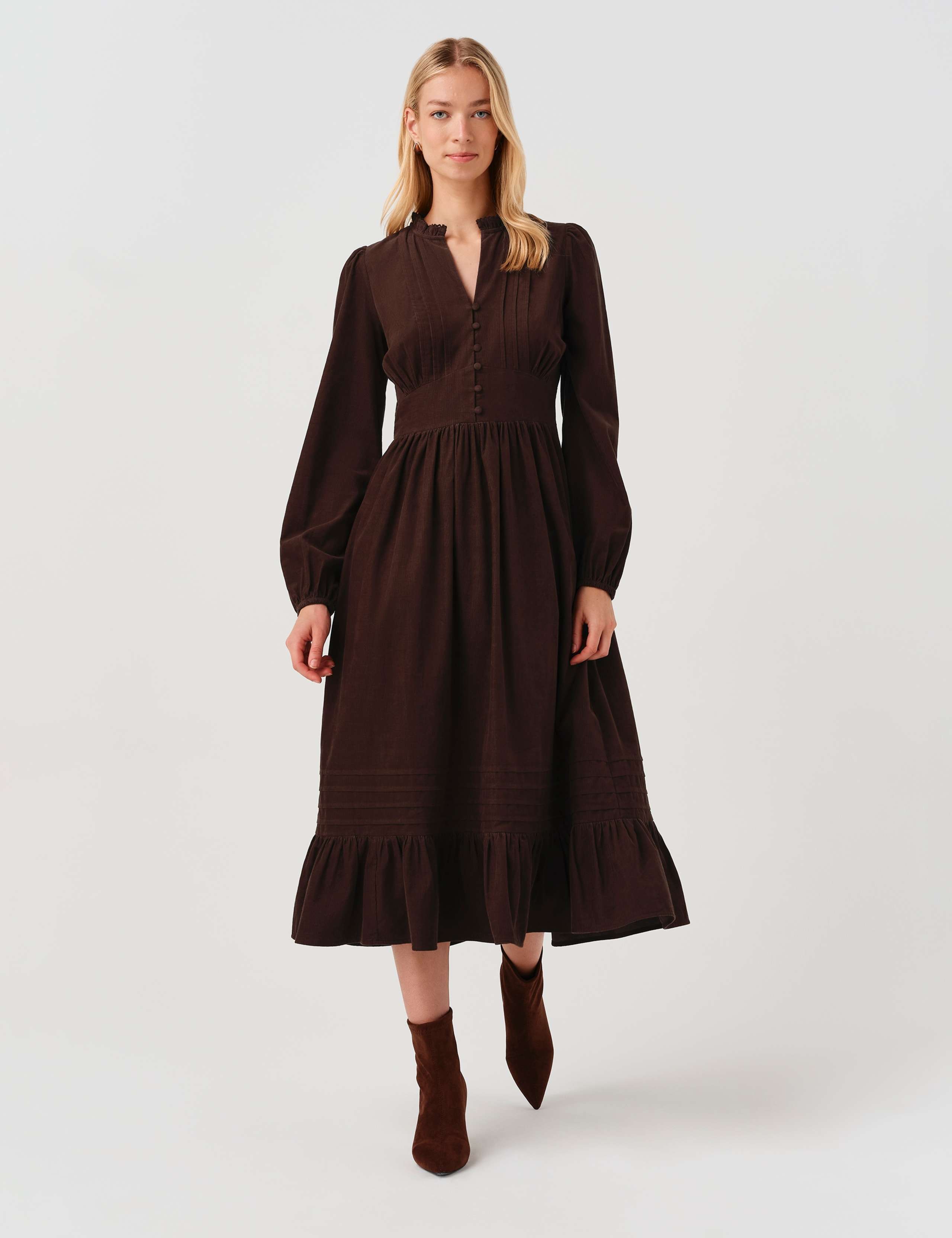 Cotton Corduroy Frilled Collar Midi Dress 1 of 7