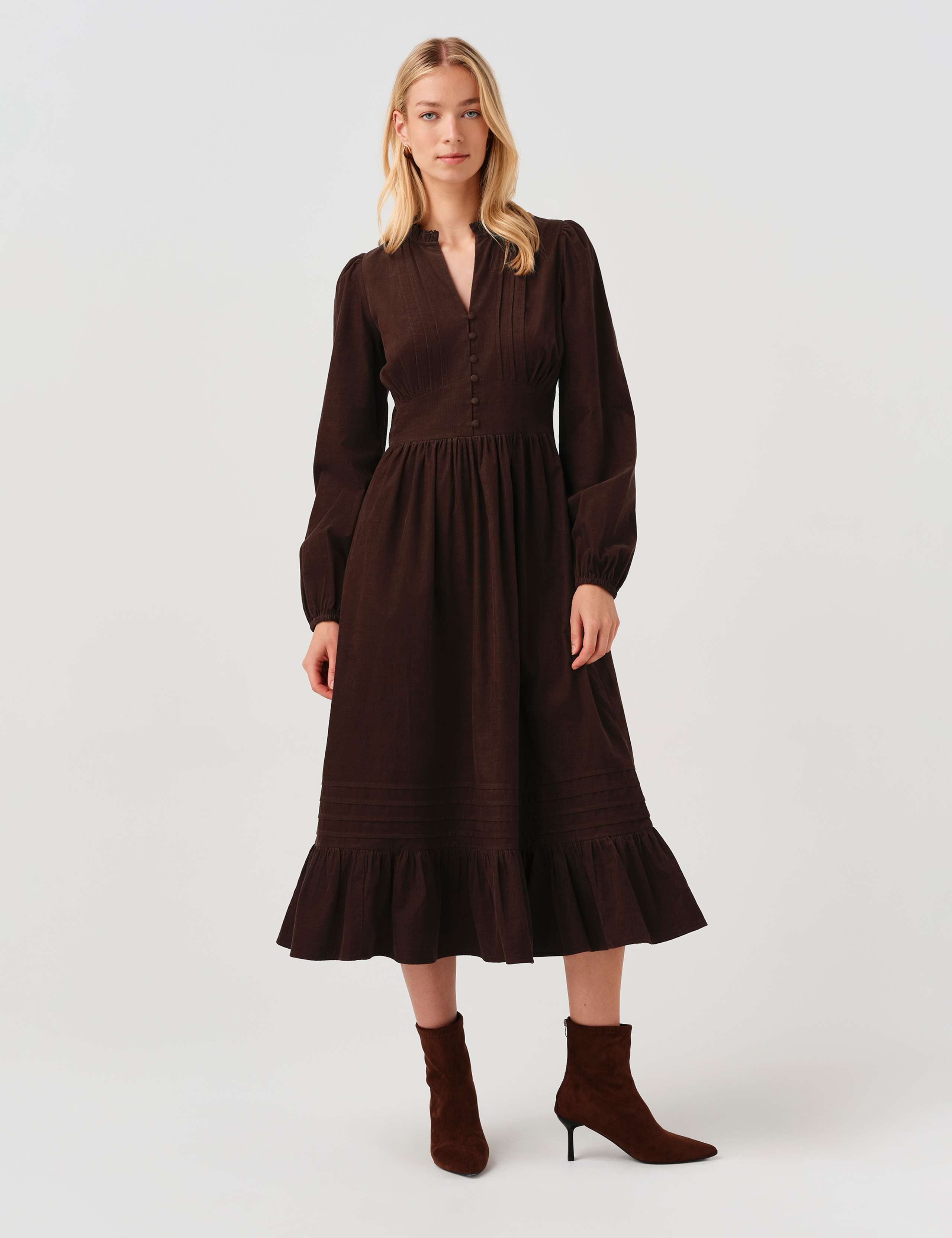 Cotton Corduroy Frilled Collar Midi Dress 2 of 7