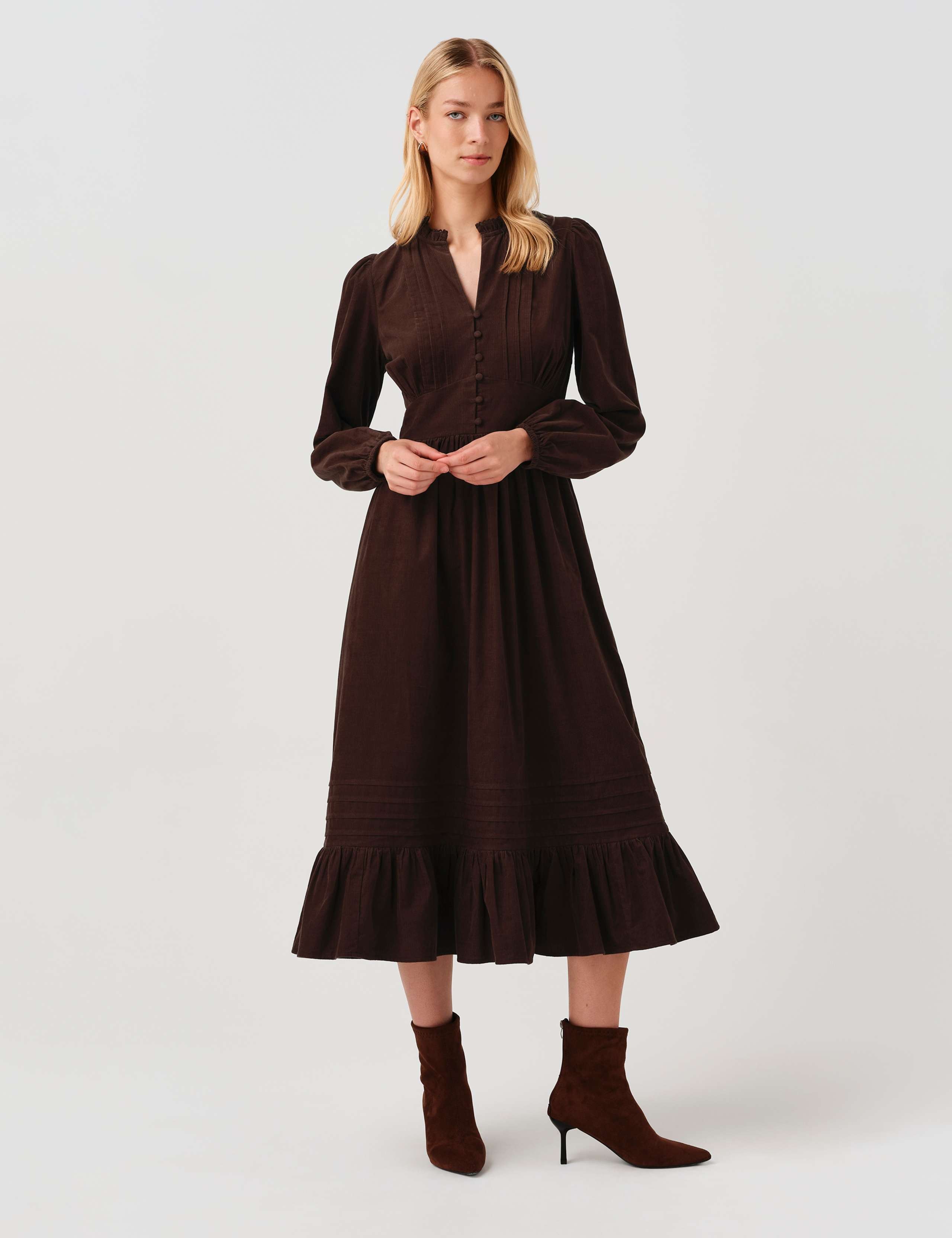 Cotton Corduroy Frilled Collar Midi Dress 4 of 7