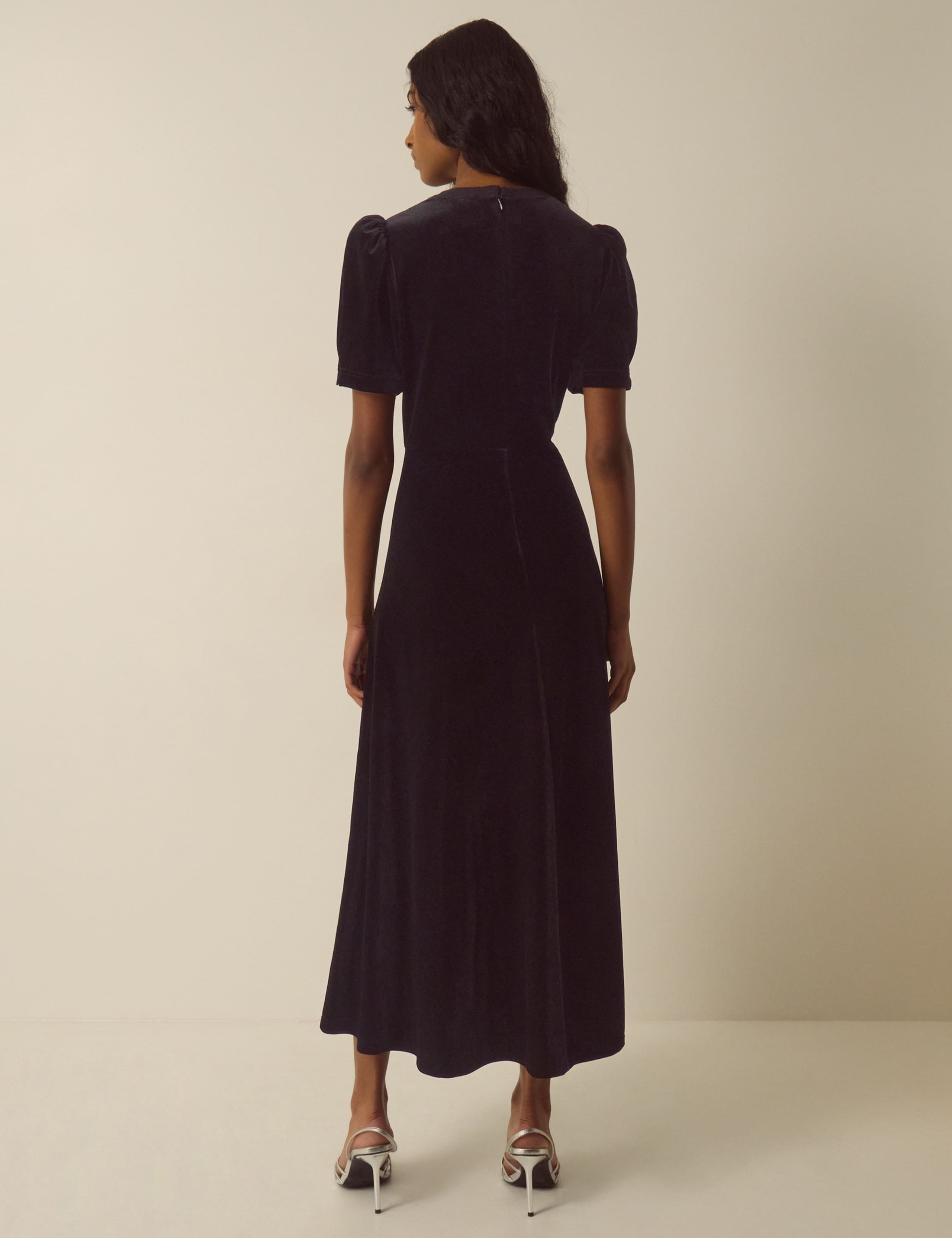 Velvet Puff Sleeve Bow Detail Scoop Neck Midi Tea Dress 3 of 6