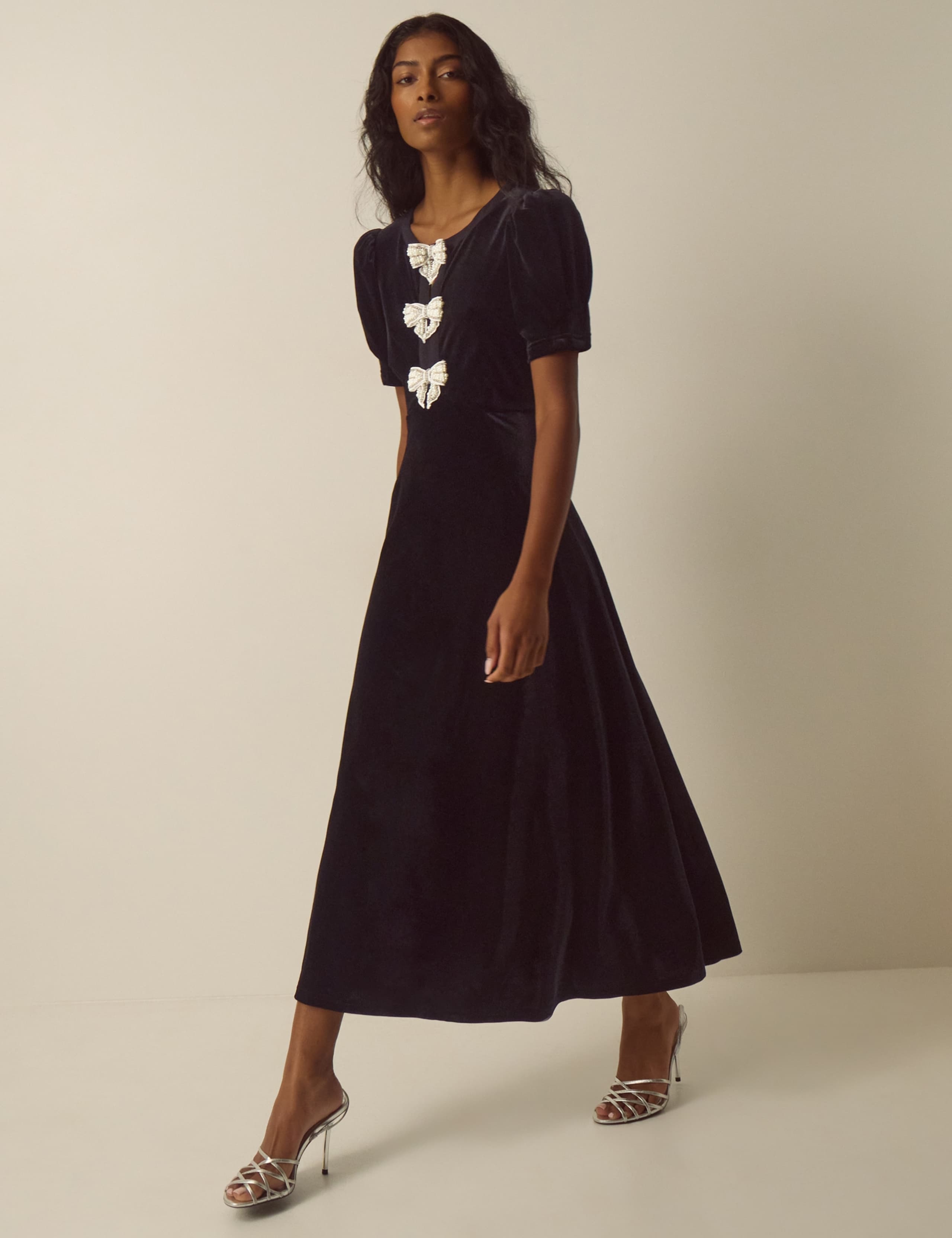 Velvet Puff Sleeve Bow Detail Scoop Neck Midi Tea Dress 4 of 6