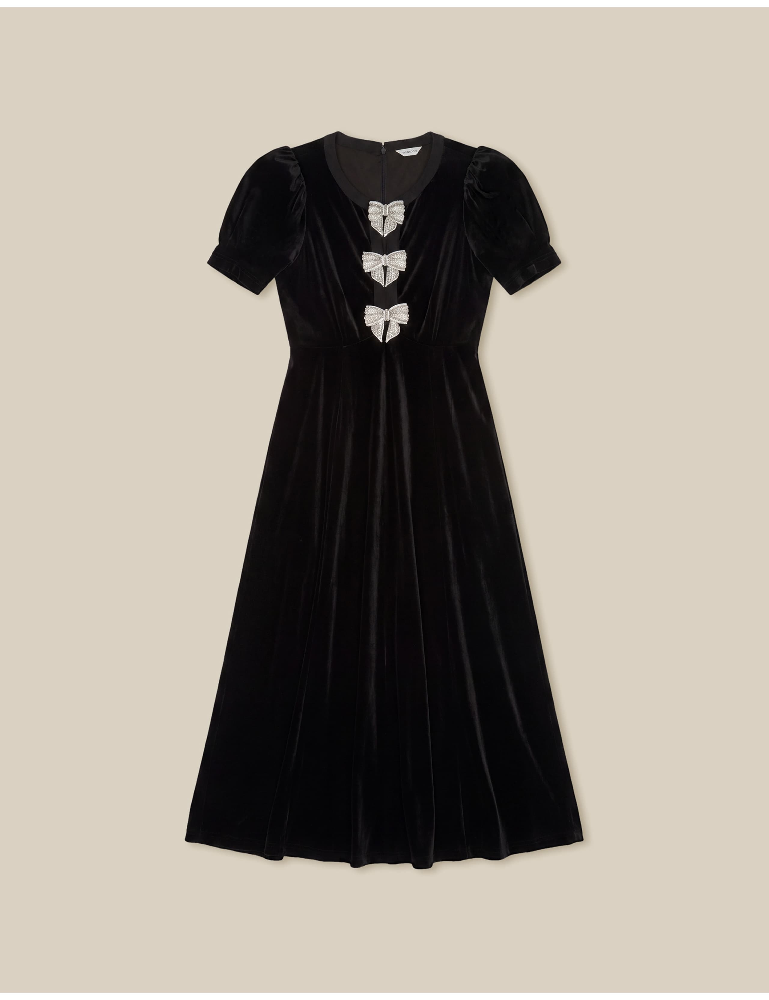 Velvet Puff Sleeve Bow Detail Scoop Neck Midi Tea Dress 2 of 6