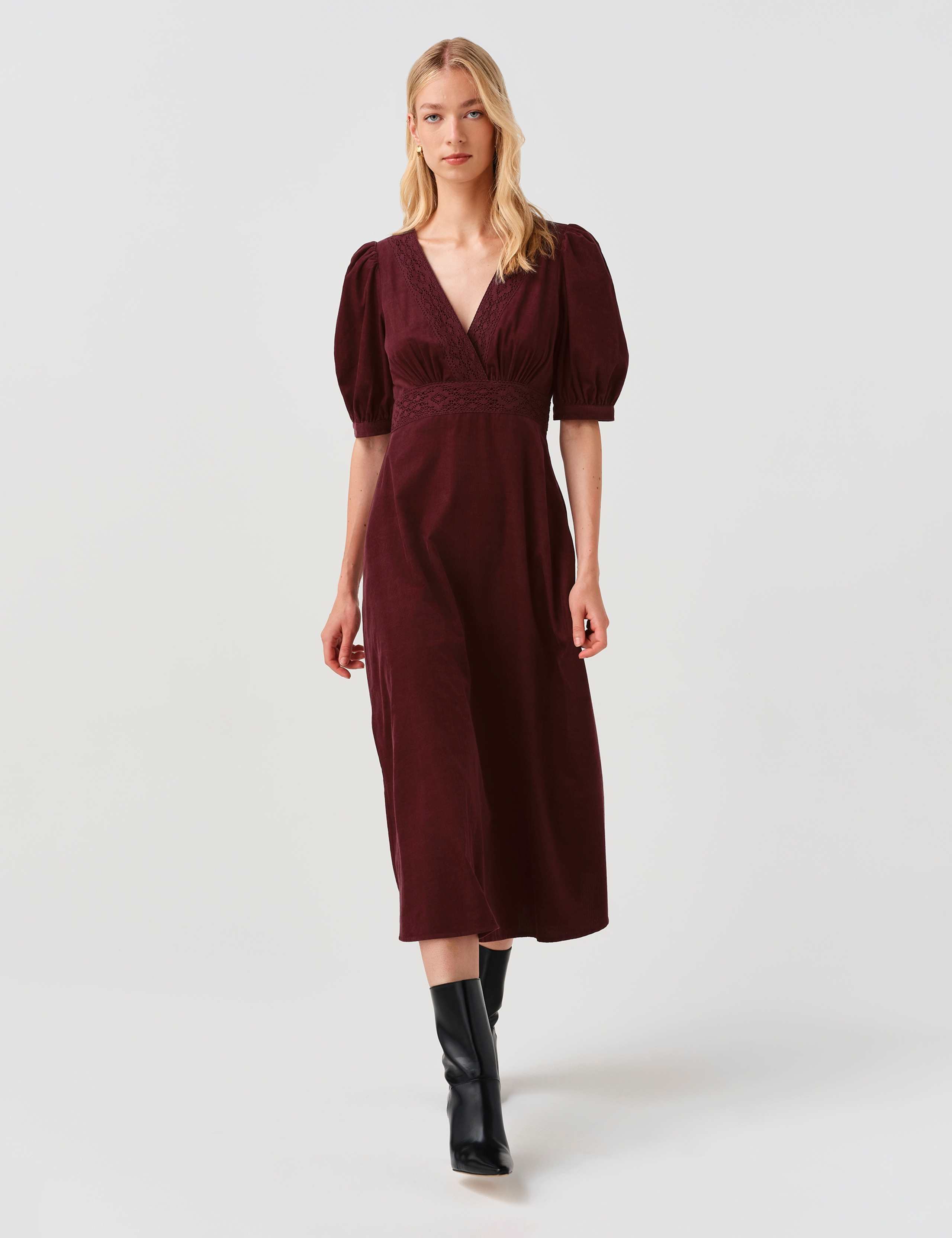 Cotton Corduroy Cross Front Midi Dress 3 of 10