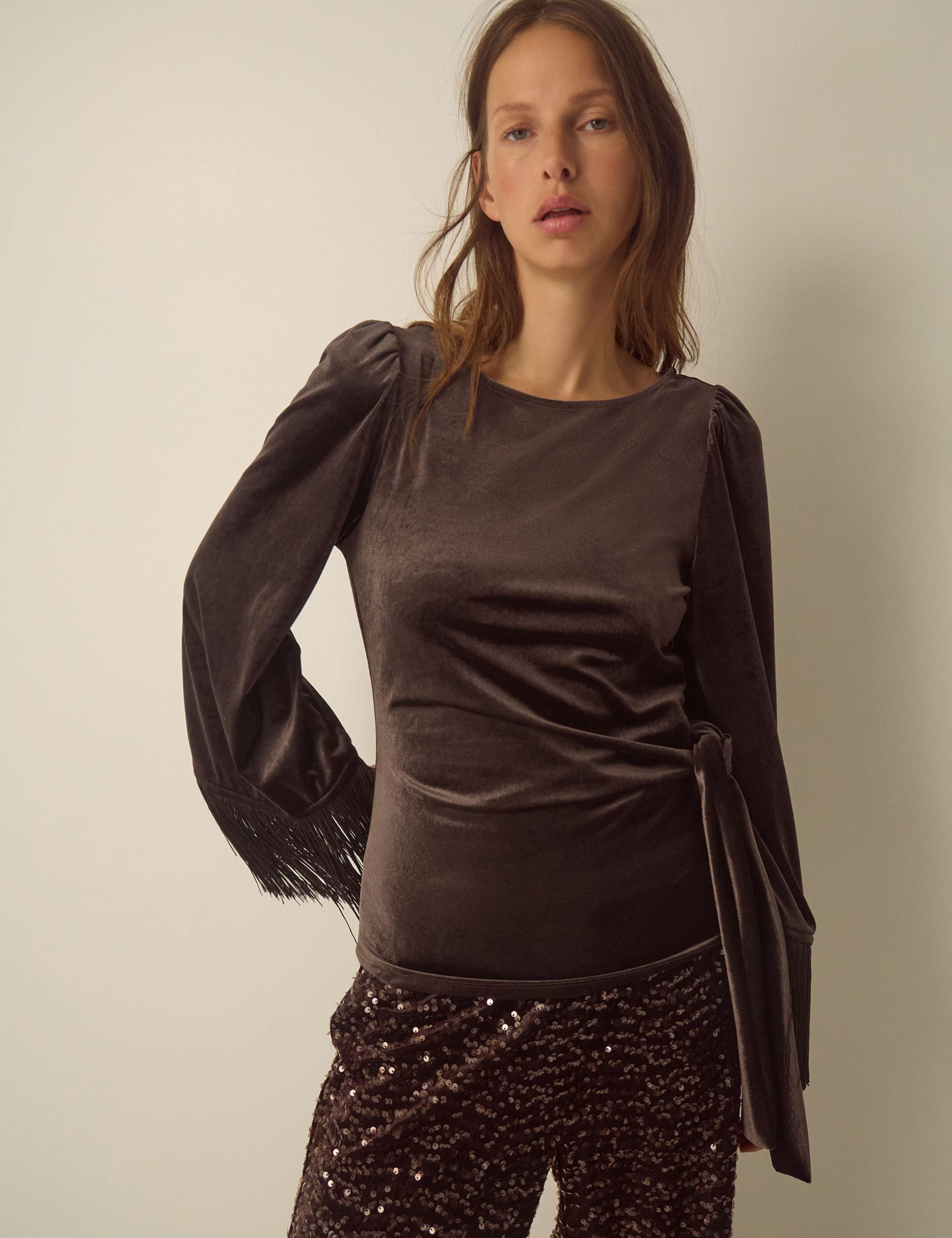 Velvet Tassel Slash Neck Top 1 of 4