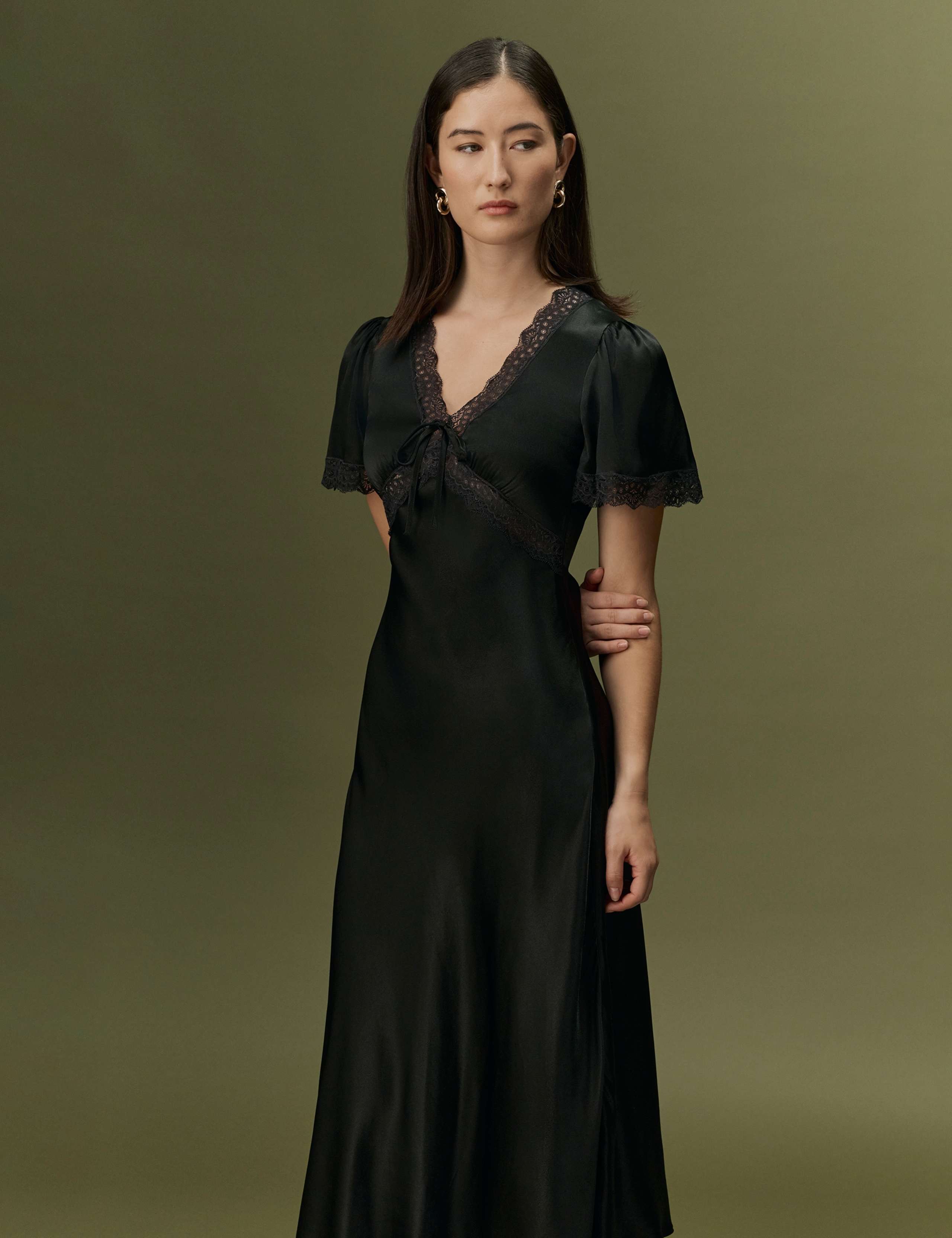 Satin V-Neck Midi Dress 2 of 9