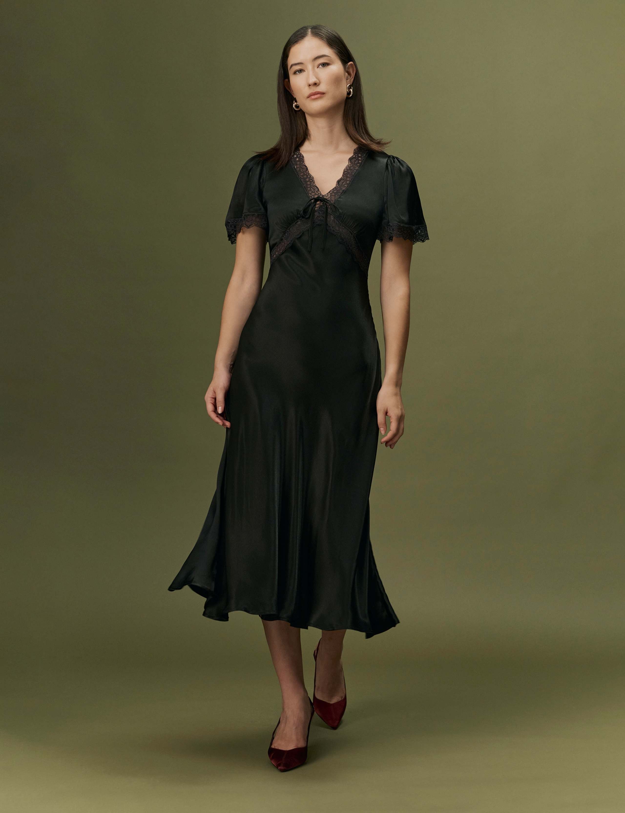 Satin V-Neck Midi Dress 4 of 9
