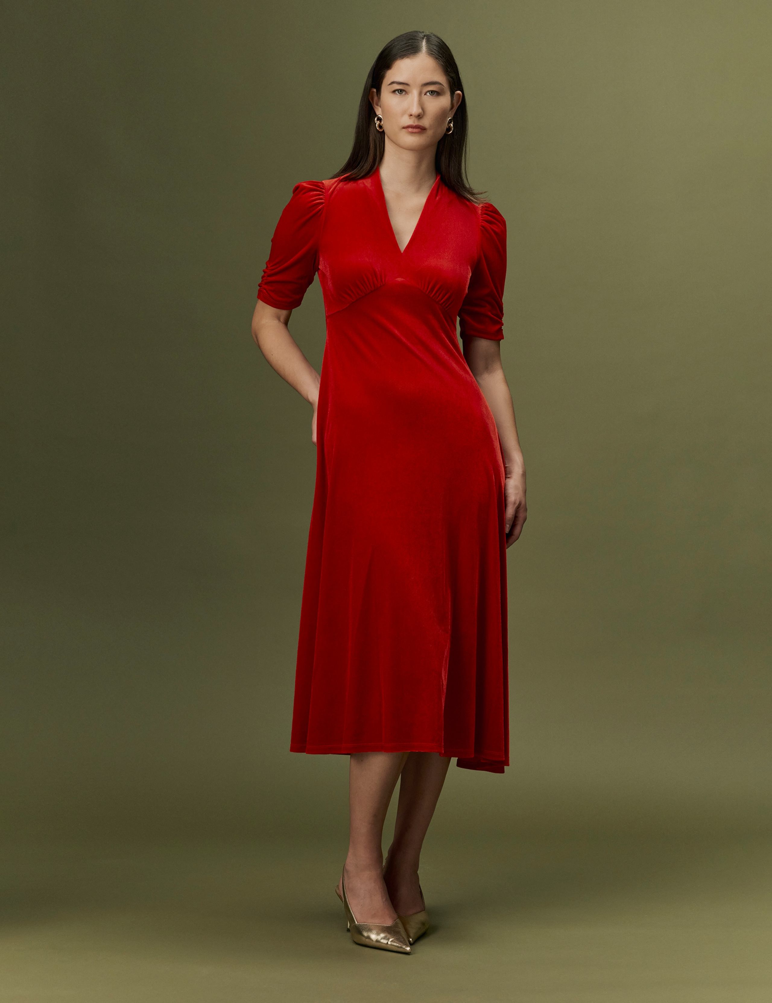 Velvet V-Neck Puff Sleeve Midi Dress 1 of 8