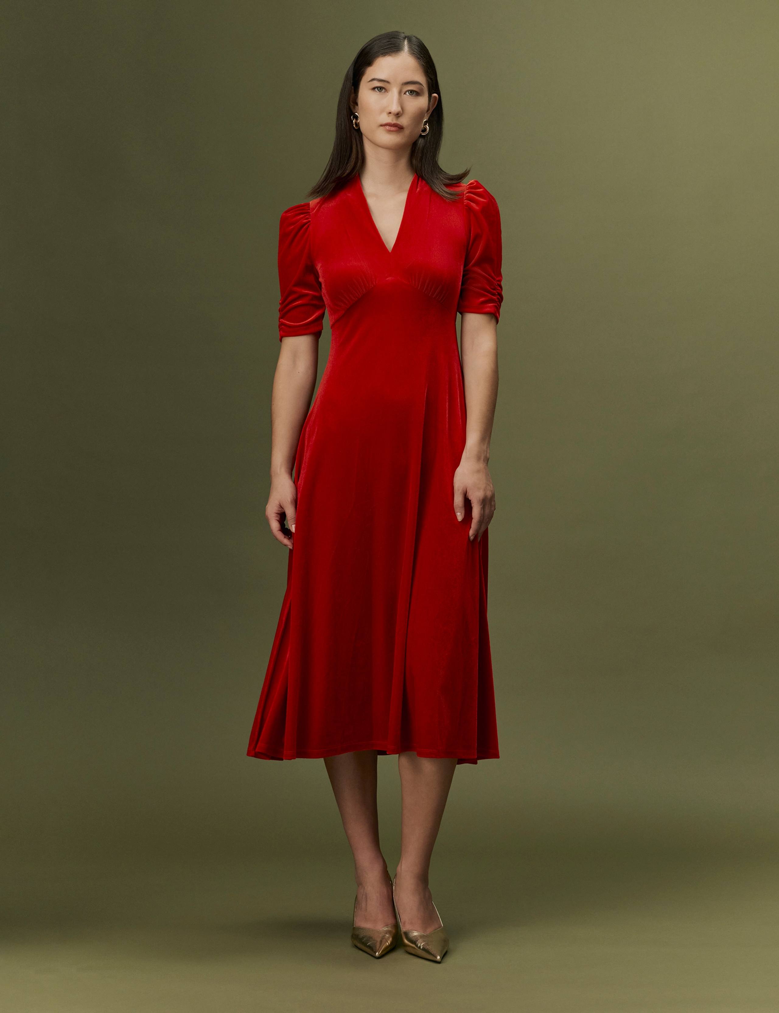 Velvet V-Neck Puff Sleeve Midi Dress 2 of 8