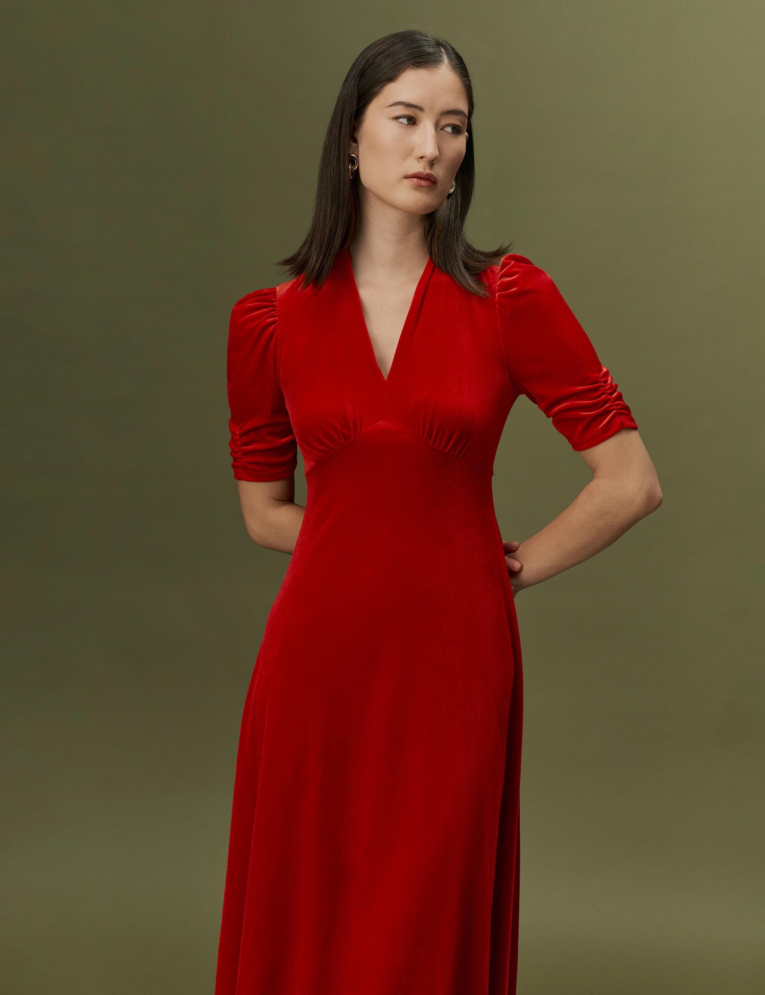 Velvet V-Neck Puff Sleeve Midi Dress 3 of 8