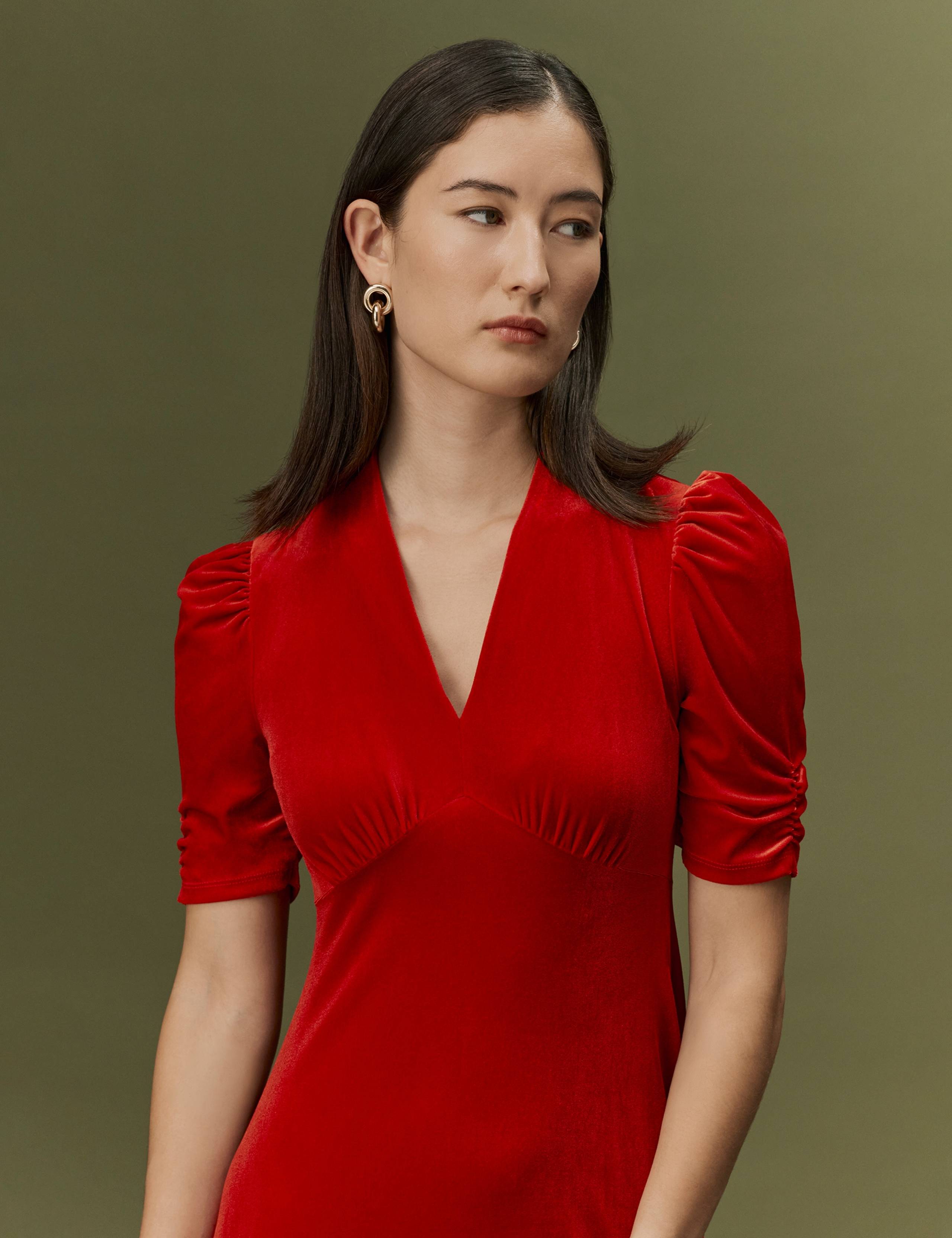 Velvet V-Neck Puff Sleeve Midi Dress 4 of 8