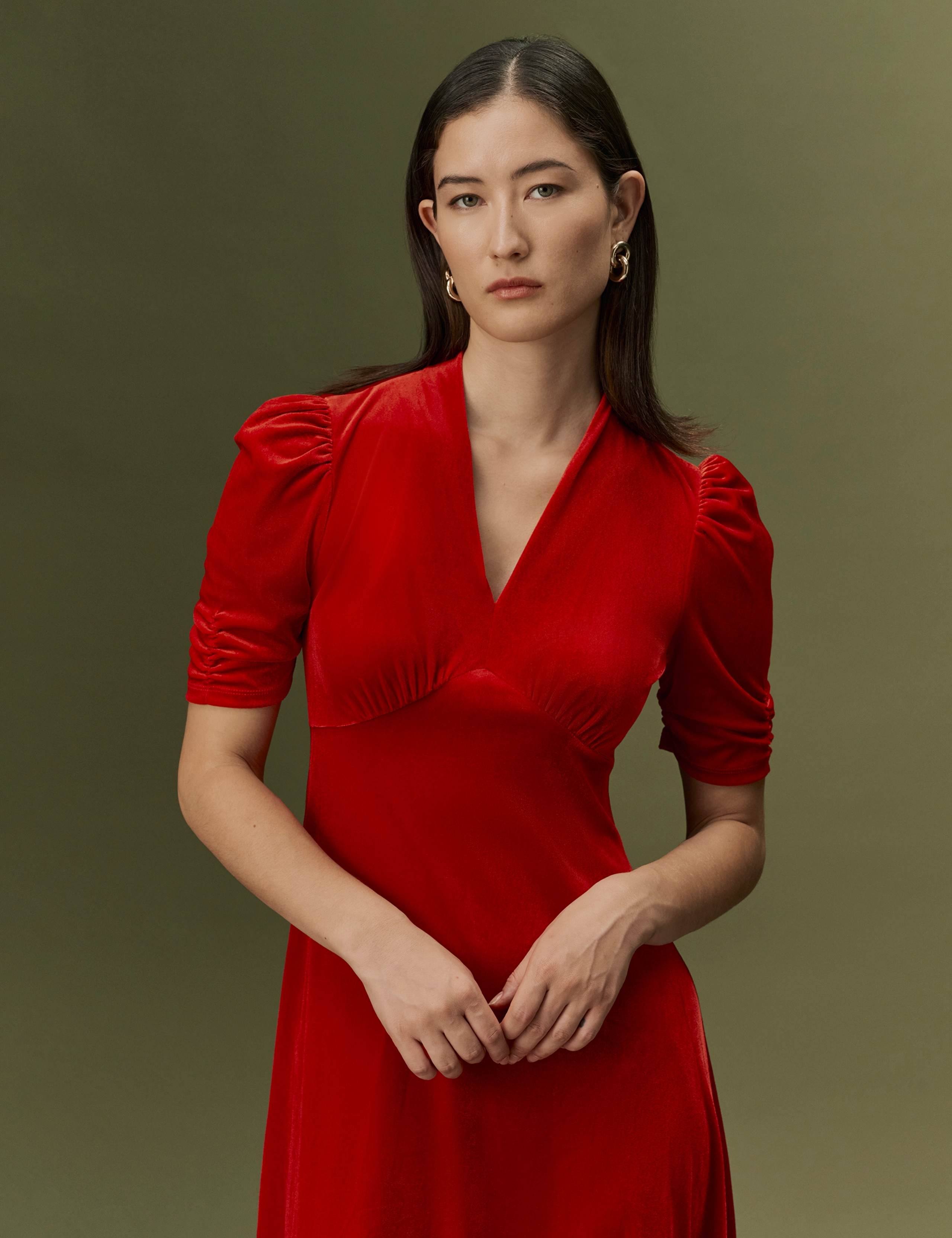 Velvet V-Neck Puff Sleeve Midi Dress 5 of 8