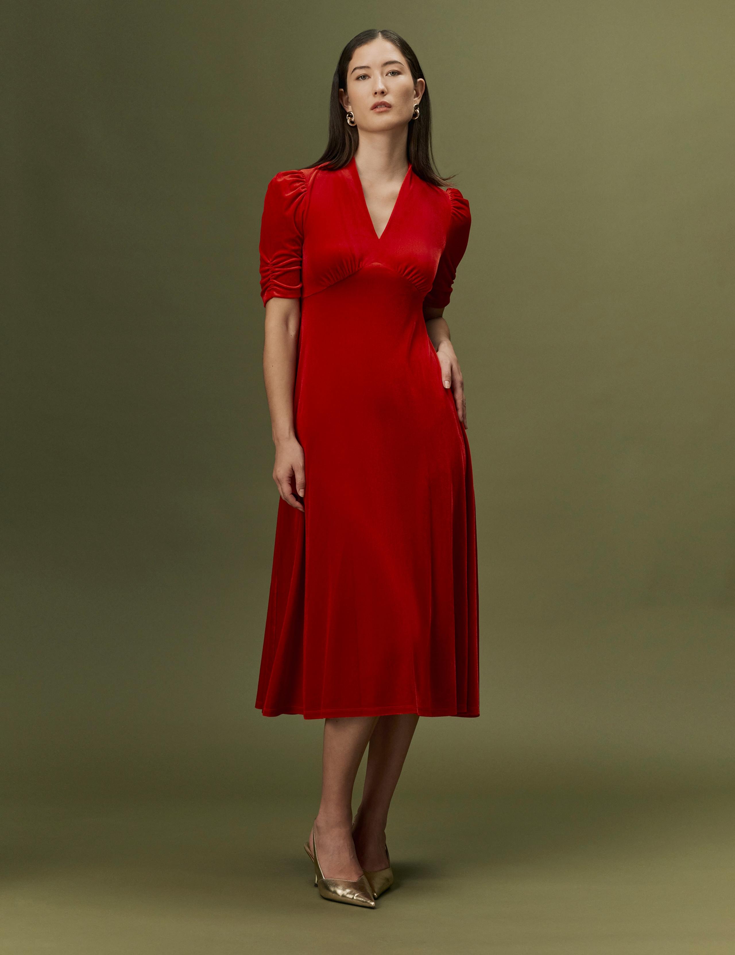 Velvet V-Neck Puff Sleeve Midi Dress 7 of 8