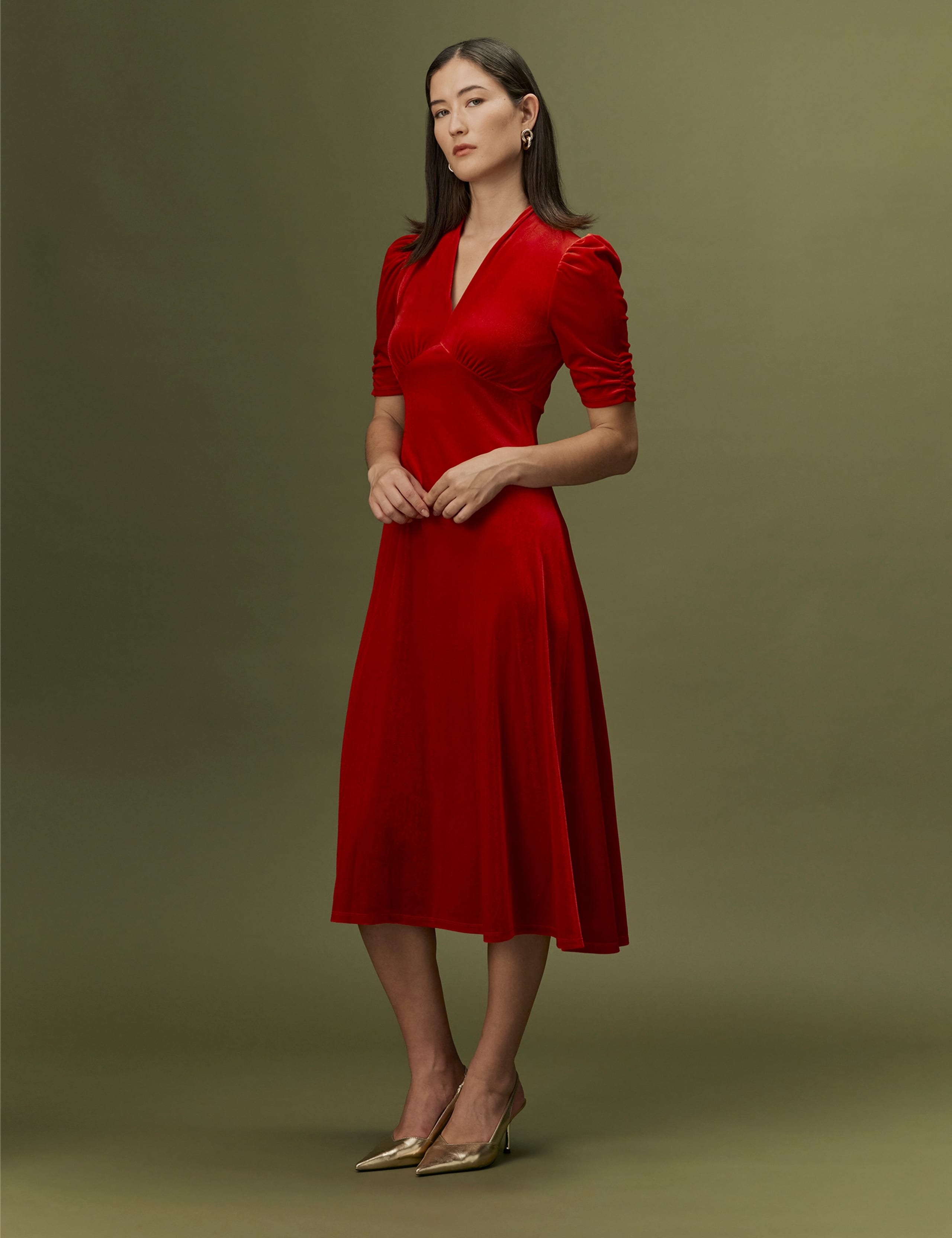Velvet V-Neck Puff Sleeve Midi Dress 8 of 8
