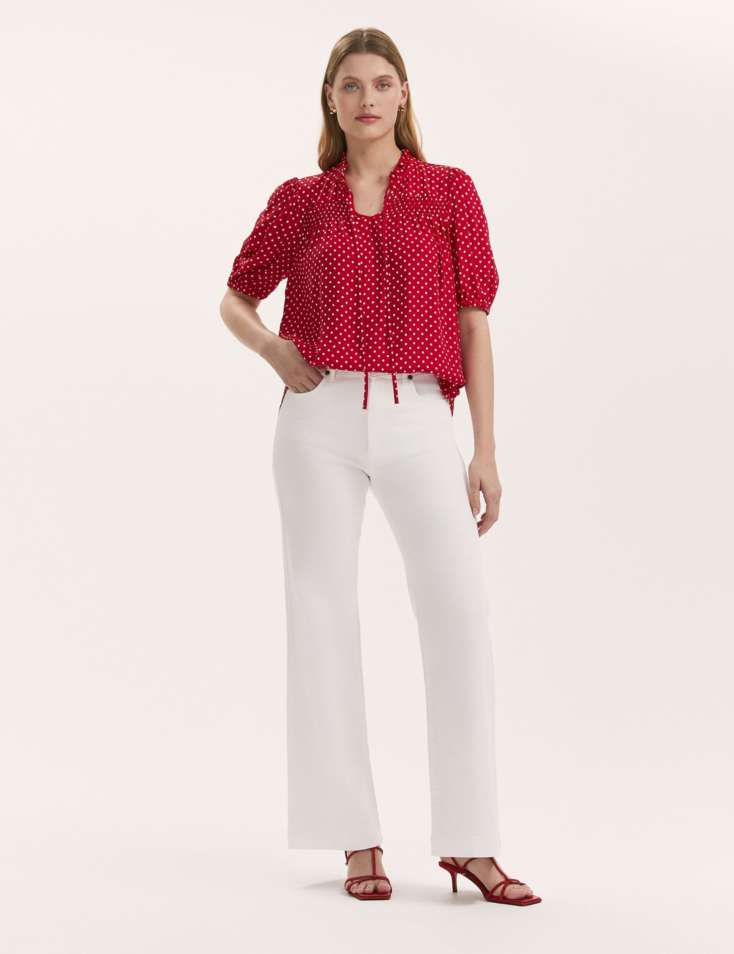 Polka Dot Puff Sleeve Tie Neck Blouse 2 of 4