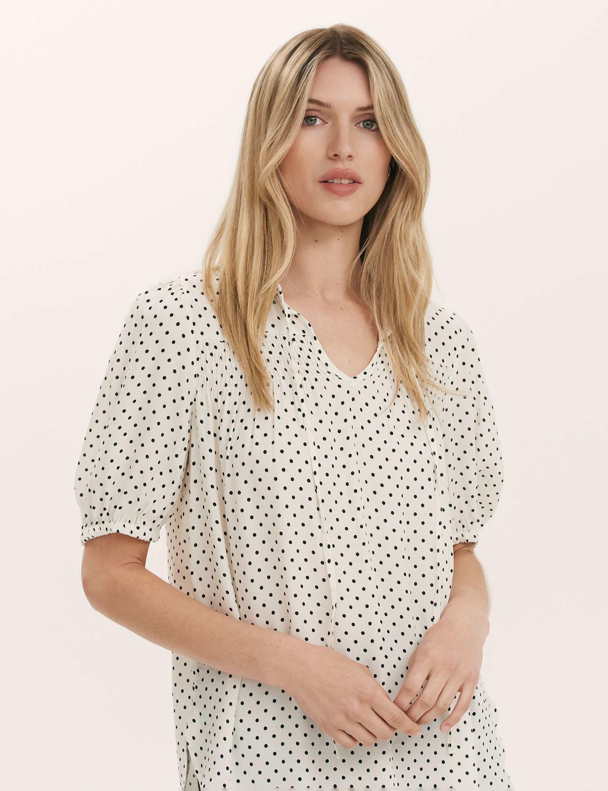 Polka Dot Puff Sleeve Tie Neck Blouse 1 of 4