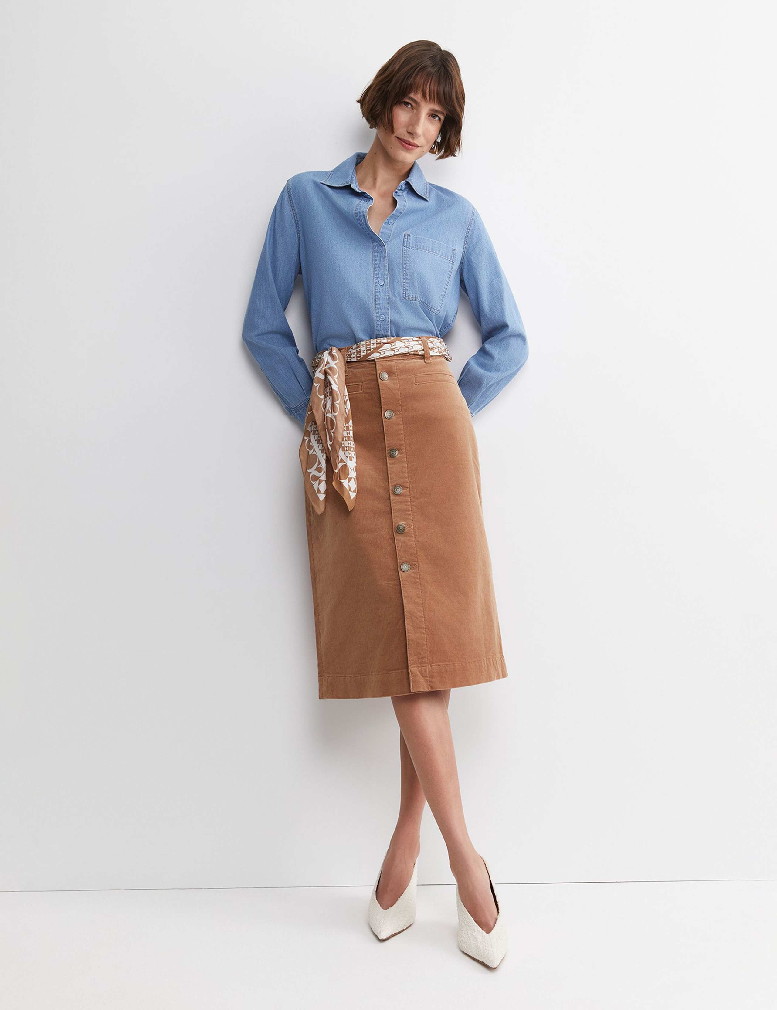 Cotton Rich Cord Button Front A-Line Skirt 3 of 5