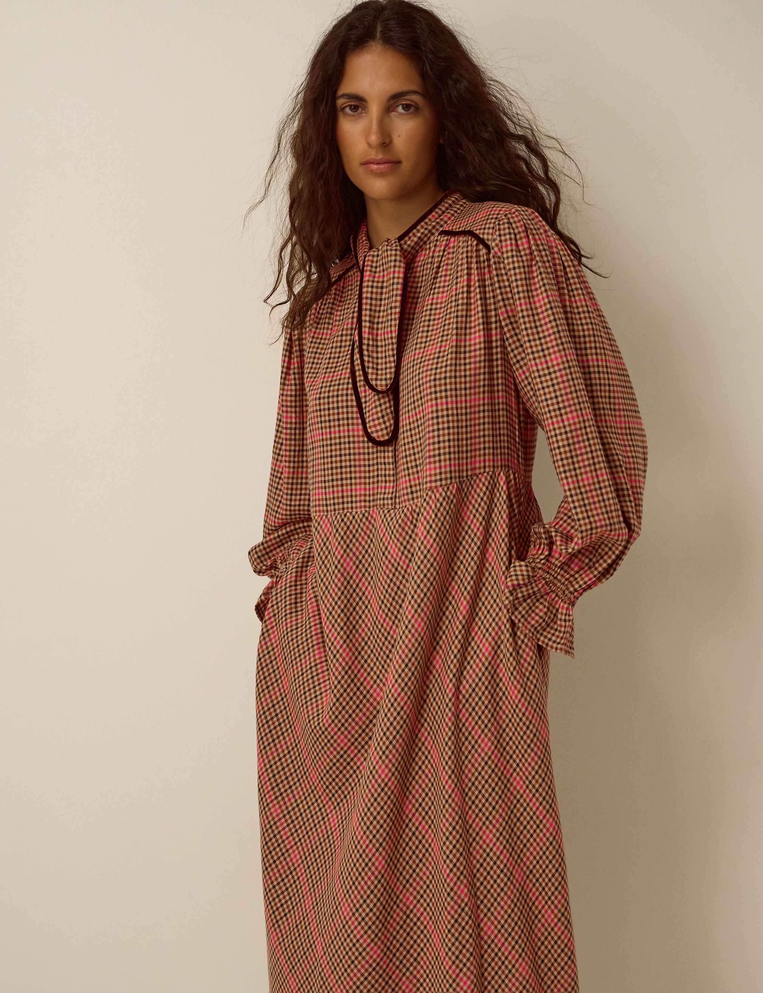 Cotton Blend Checked Button Through Midi Shirt Dress 2 of 5