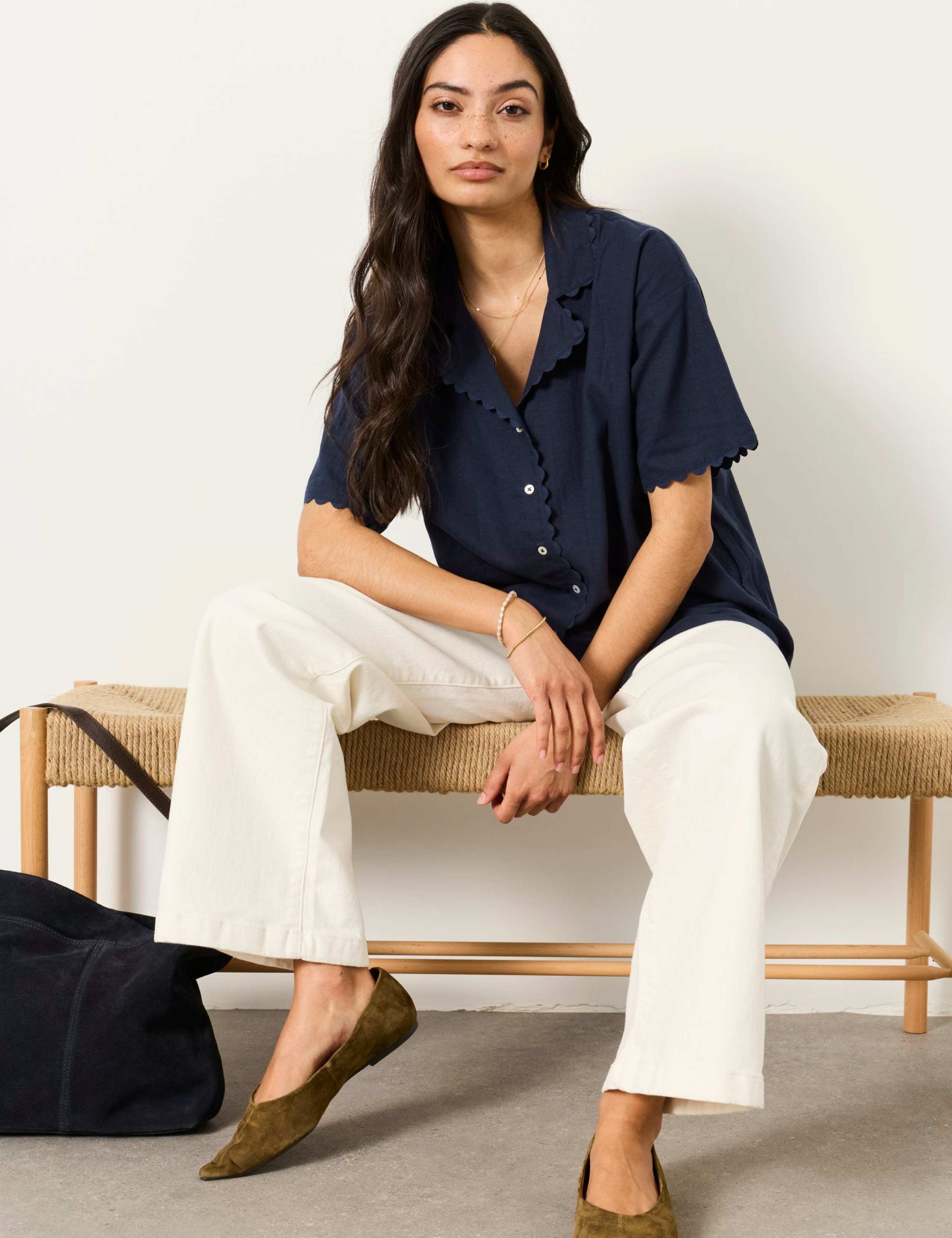 Linen Rich Scallop Trim Button Through Shirt 3 of 5