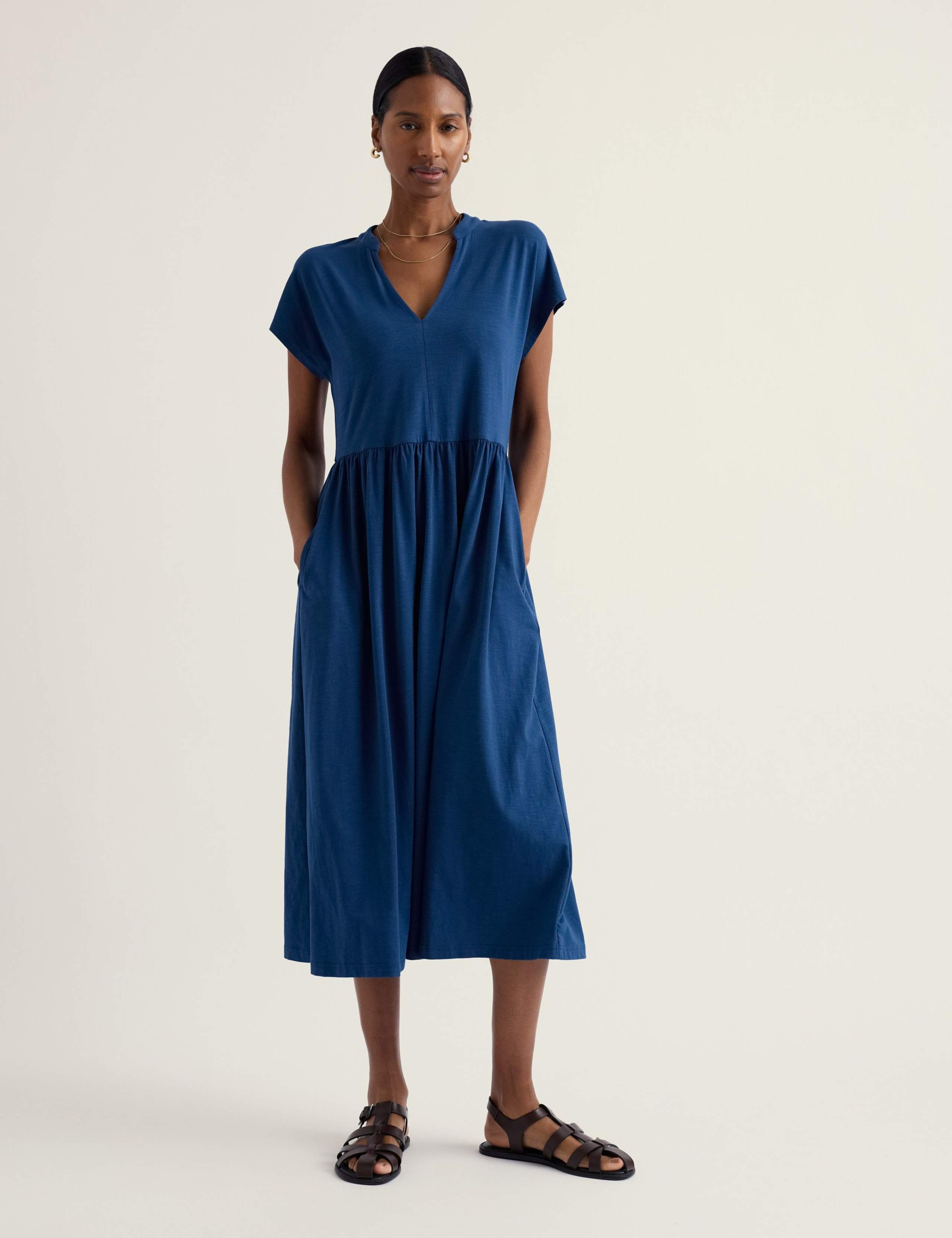 Cotton Rich Notch Neck Midi Waisted Dress 1 of 5