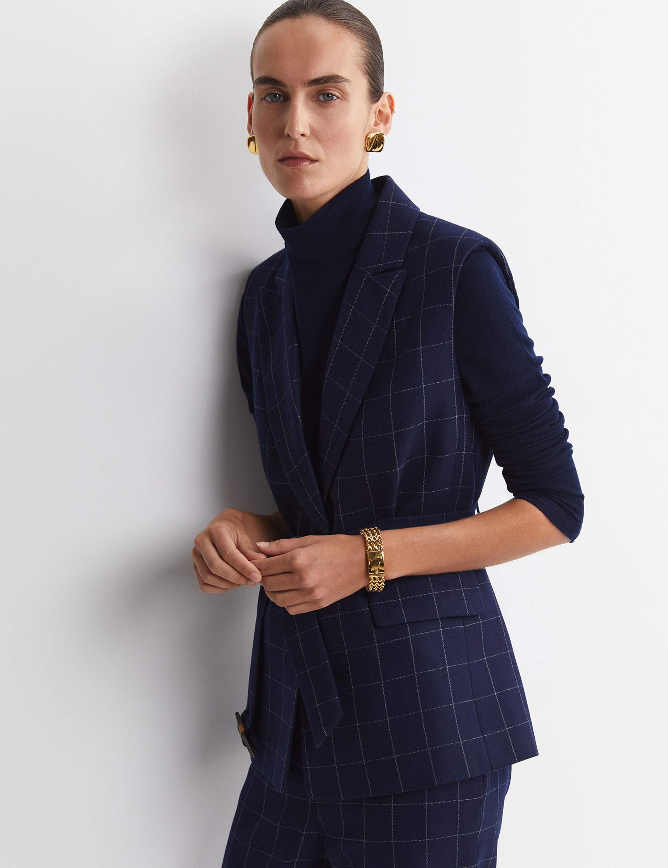 Wool Rich Checked V-Neck Belted Vest 2 of 7