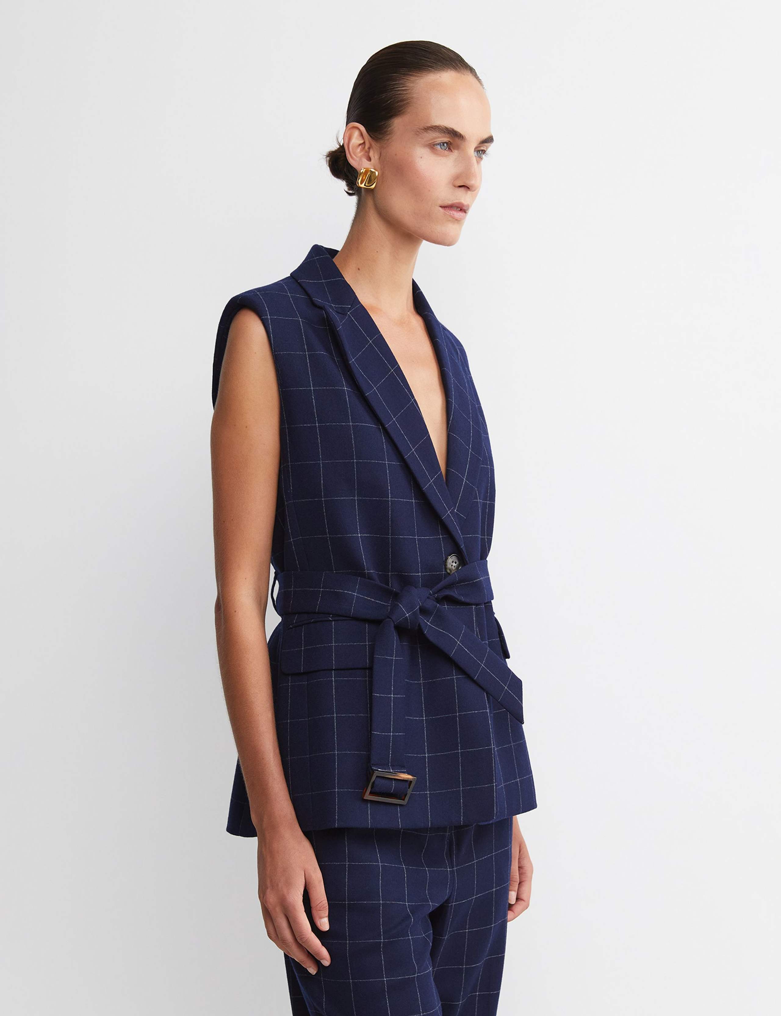 Wool Rich Checked V-Neck Belted Vest 5 of 7