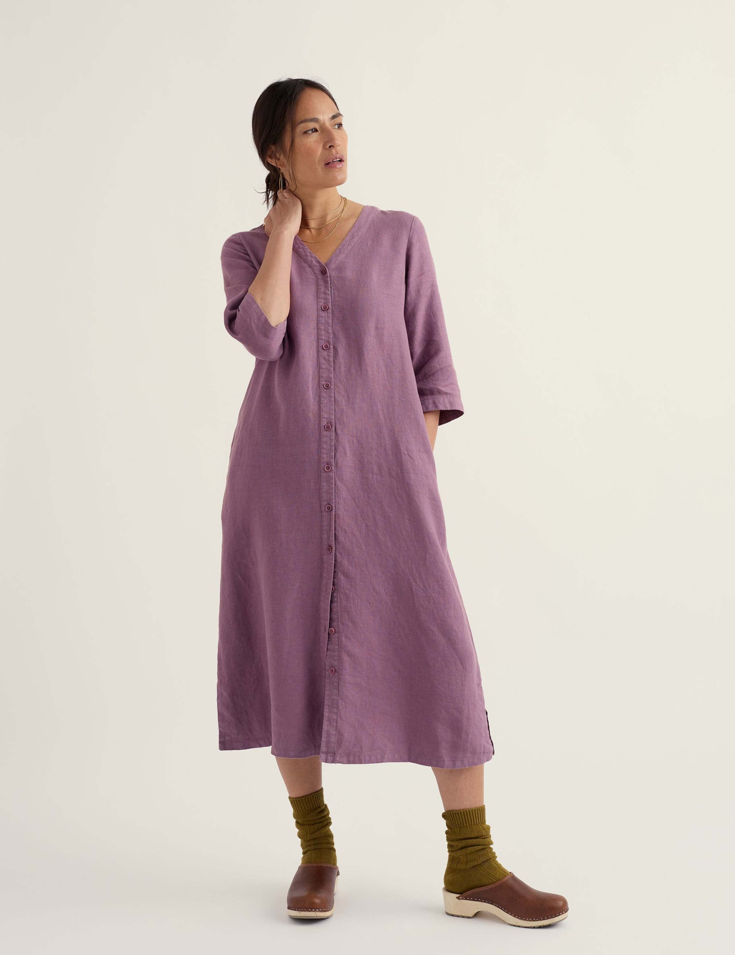 Pure Linen V-Neck Midi Shift Dress 1 of 5