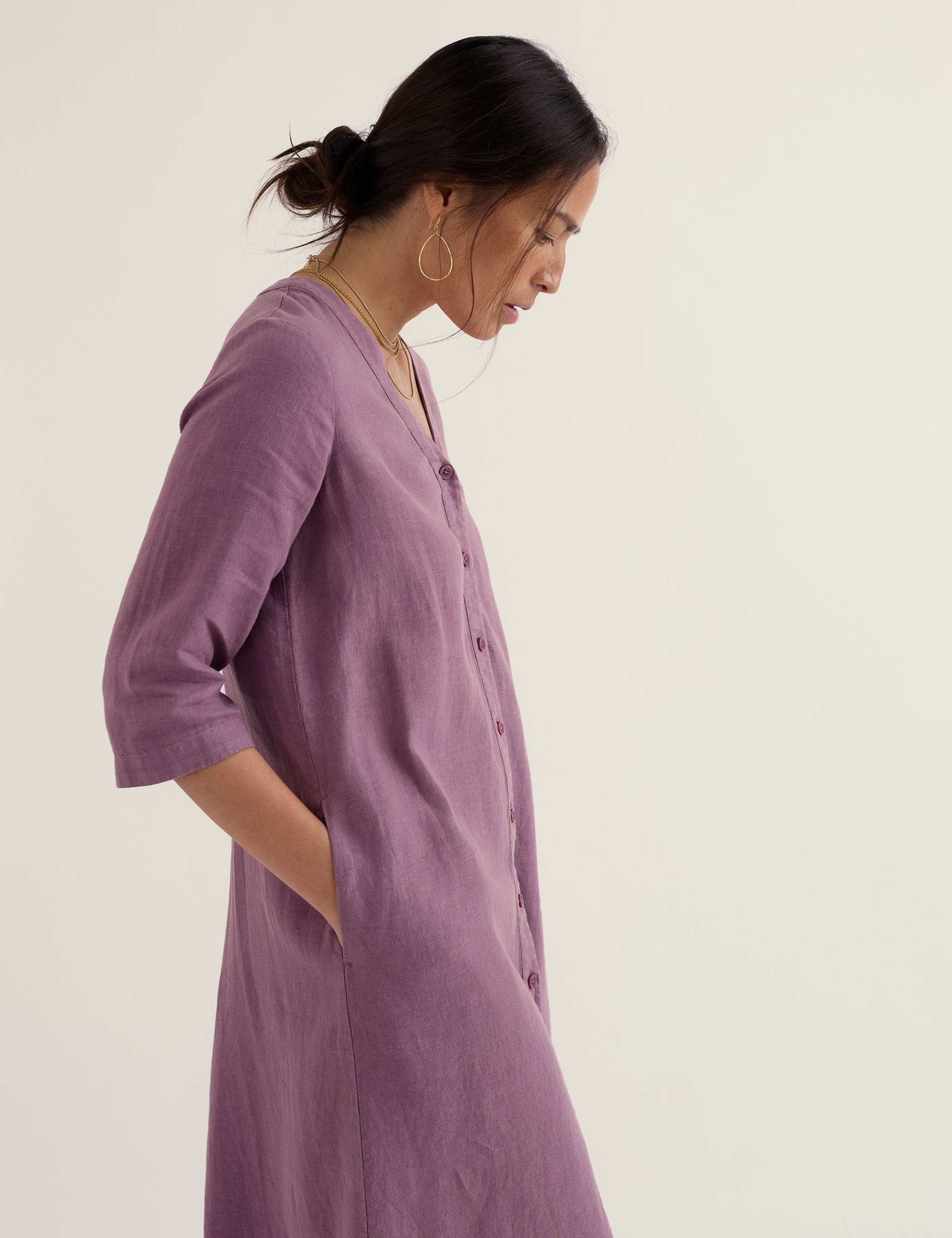 Pure Linen V-Neck Midi Shift Dress 4 of 5