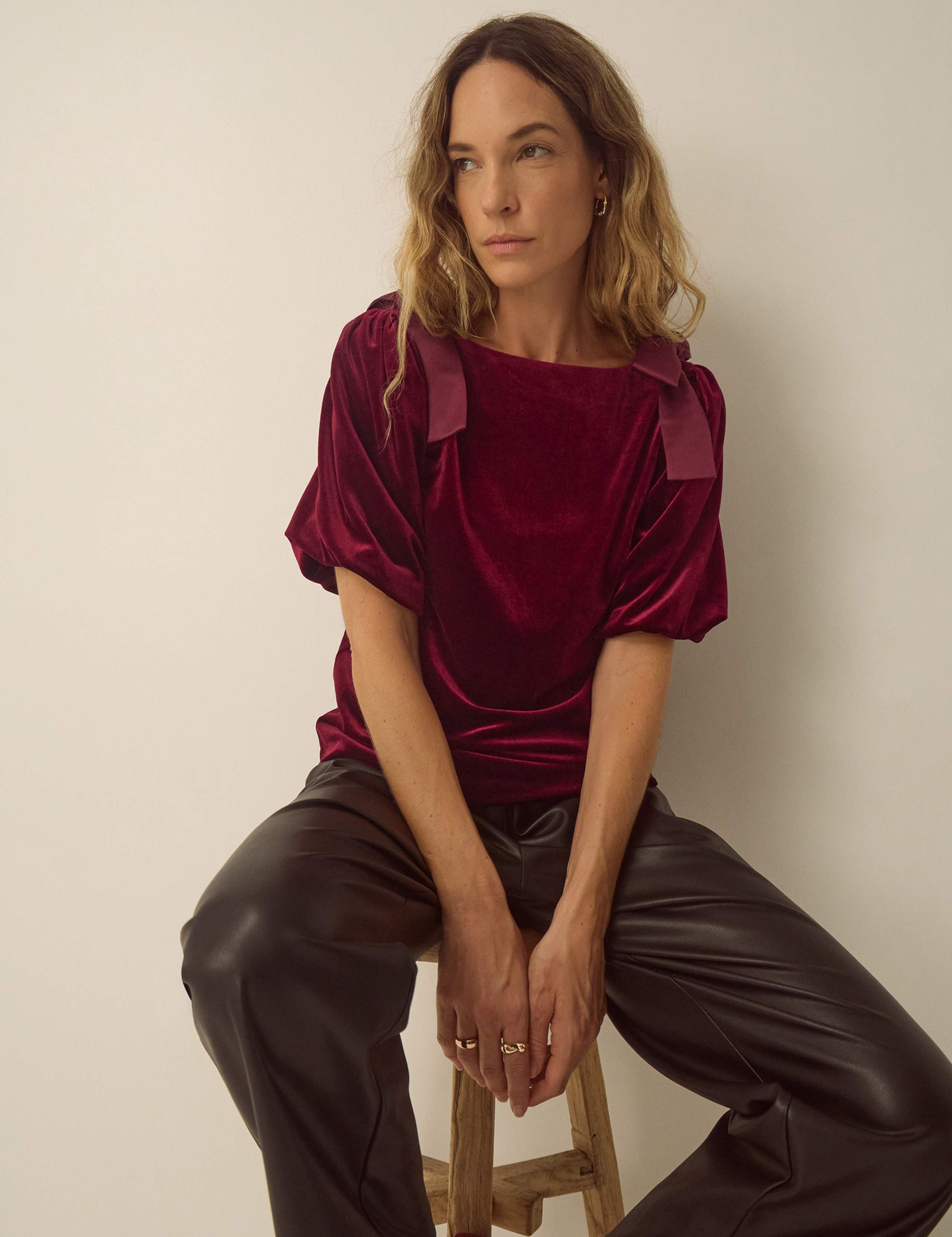 Velvet Bow Slash Neck Blouse 1 of 4