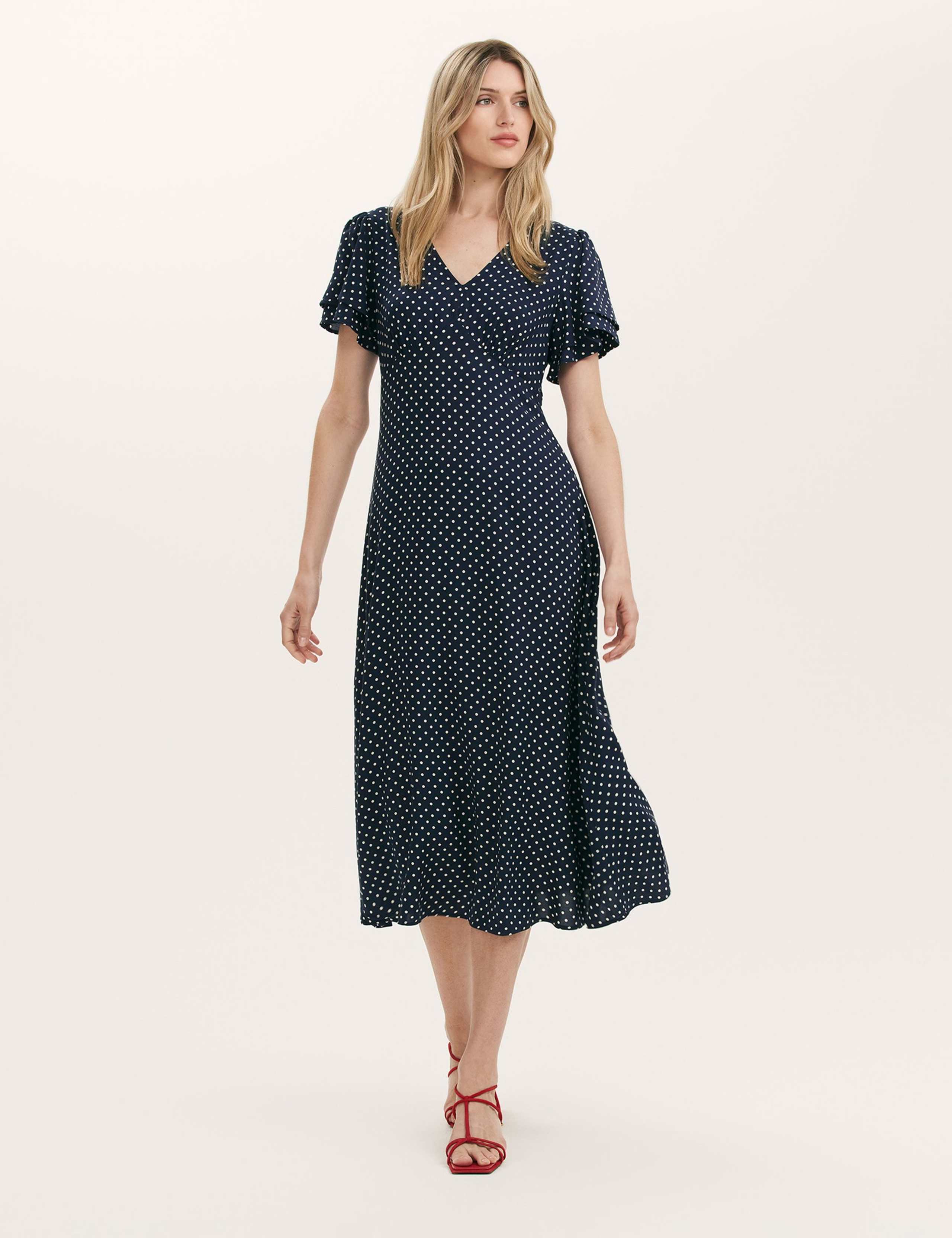 Polka Dot V-Neck Angel Sleeve Midi Tea Dress 2 of 5